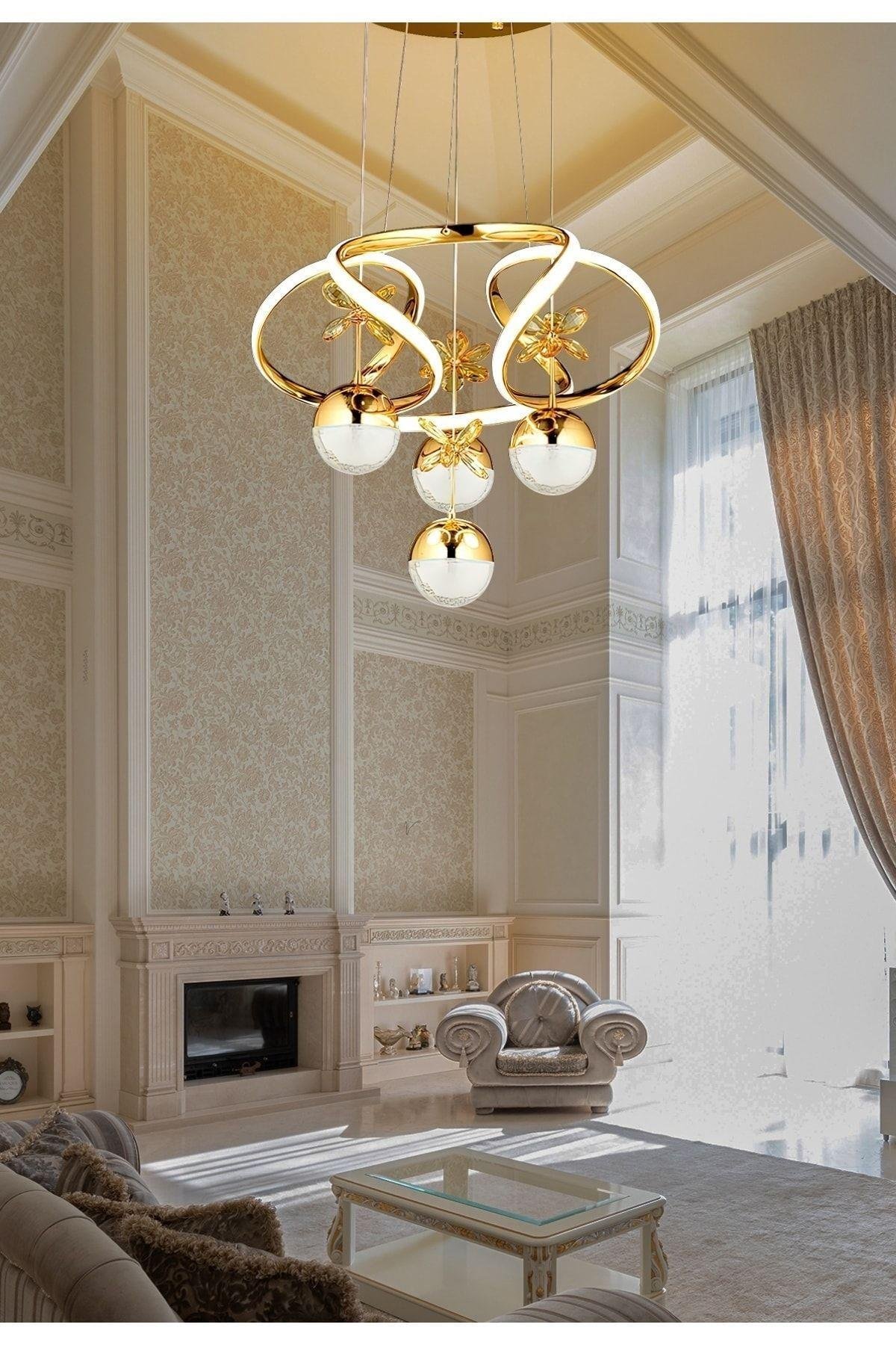 Modern Sarkıt Power Led Avize Salon Mutfak Oturma Odası Avize Kristal Taşlı Kelebek Gold Sarı