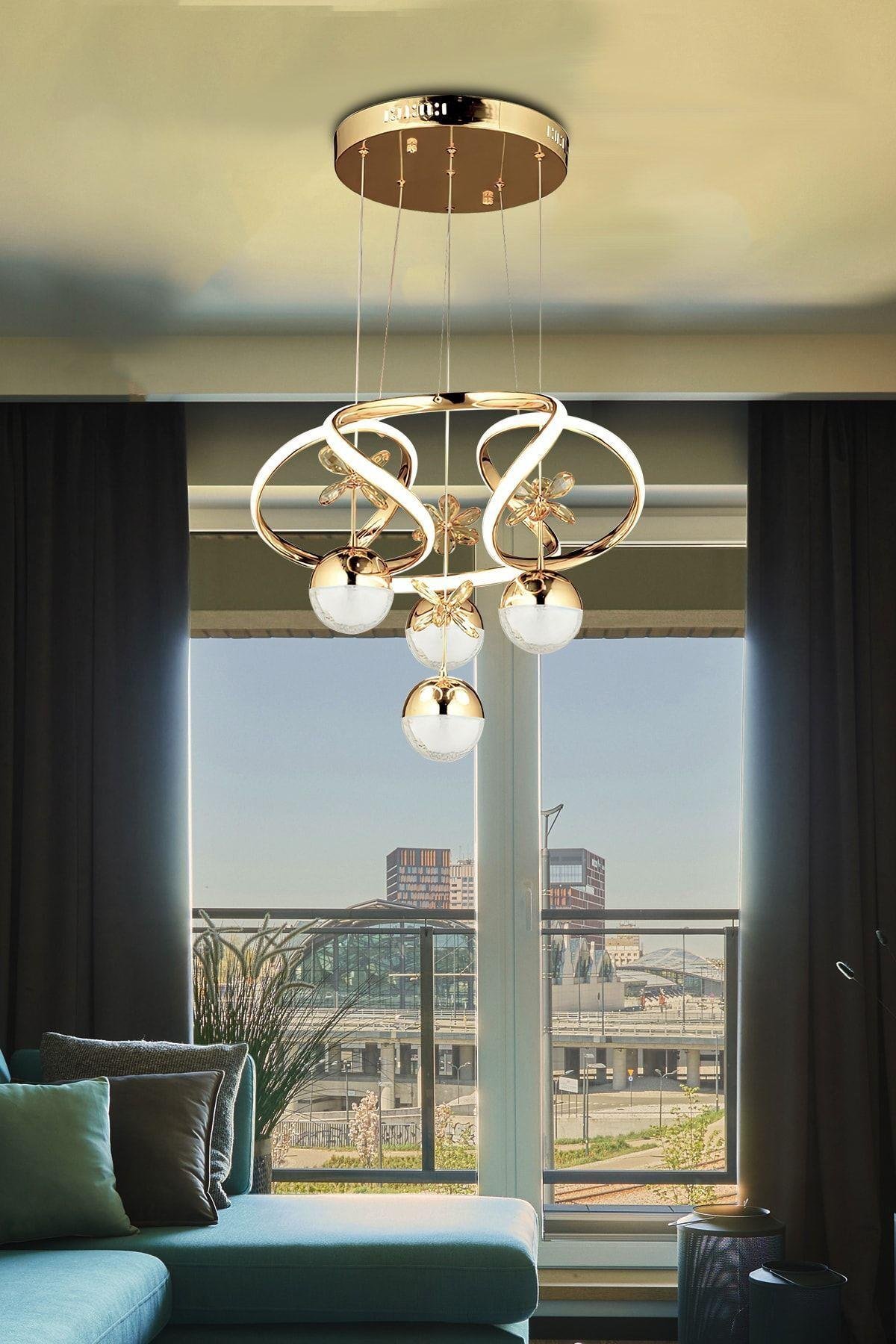 Modern Sarkıt Power Led Avize Salon Mutfak Oturma Odası Avize Kristal Taşlı Kelebek Gold Sarı
