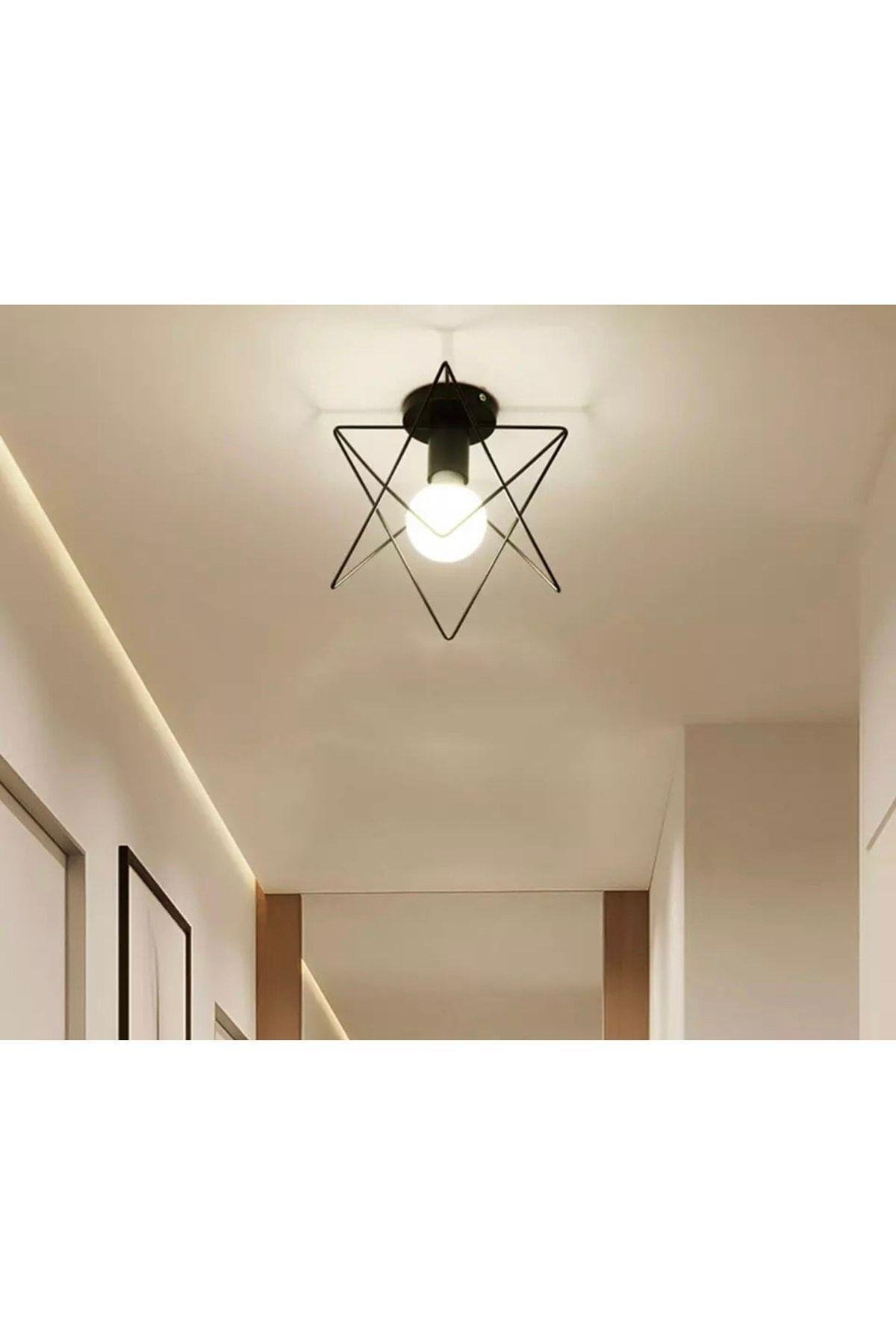 Modern Star Tekli Plafonyer Avize Metal Tasarım Yıldız Hol Antre Mutfak Oturma Odası Avize Siyah