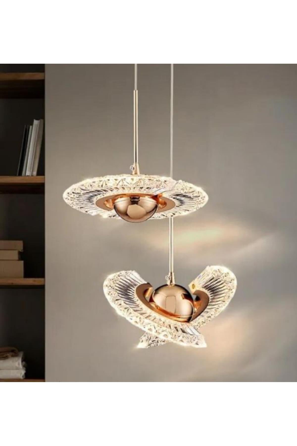 Modern Tasarım Crystal İkili Sarkıt Led Avize 2 Adet Sarkıt Gold Sarı