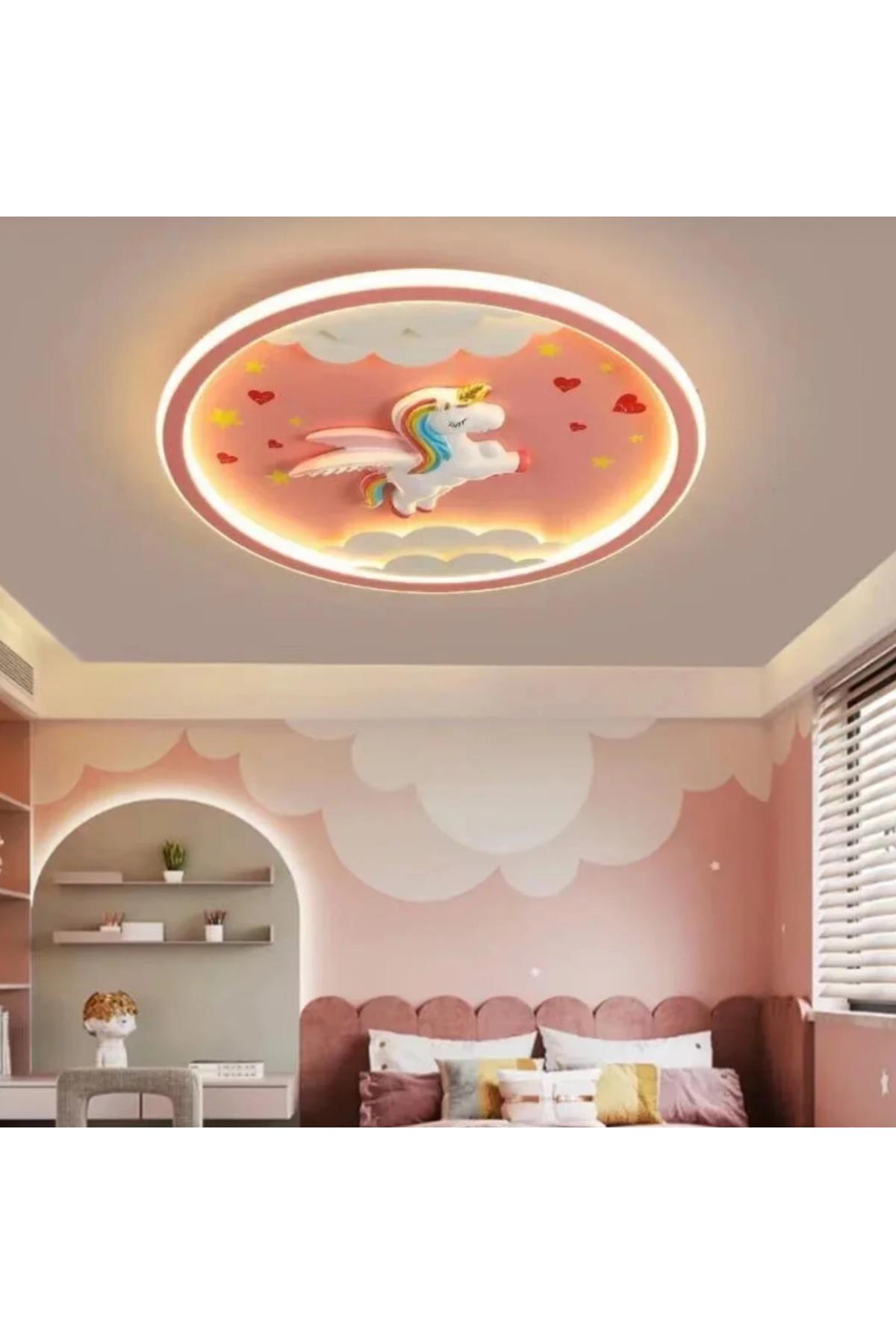 Modern Tasarım Dimmer Özellikli Kumandalı 3 Renk Işıklı Unicorn Kız Çocuk Odası Avizesi Pembe