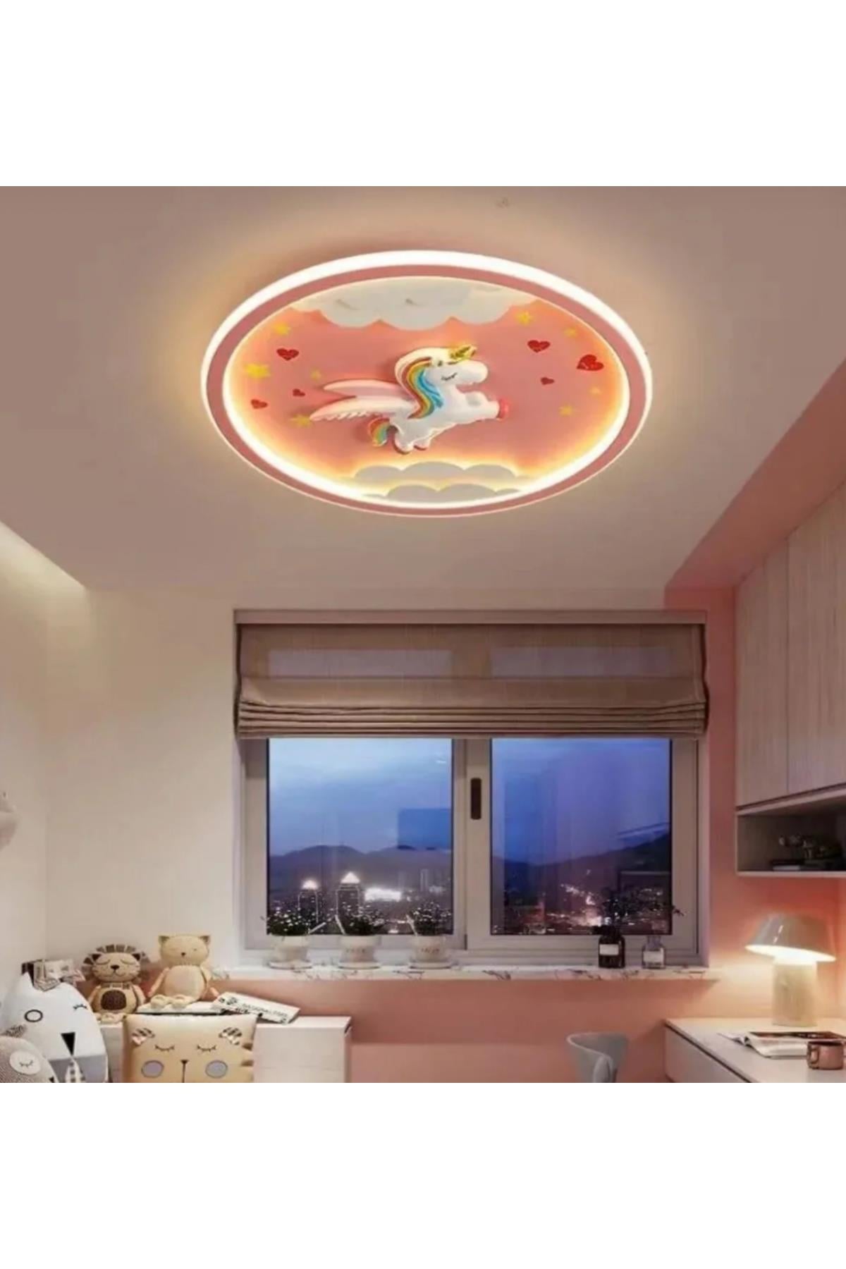 Modern Tasarım Dimmer Özellikli Kumandalı 3 Renk Işıklı Unicorn Kız Çocuk Odası Avizesi Pembe