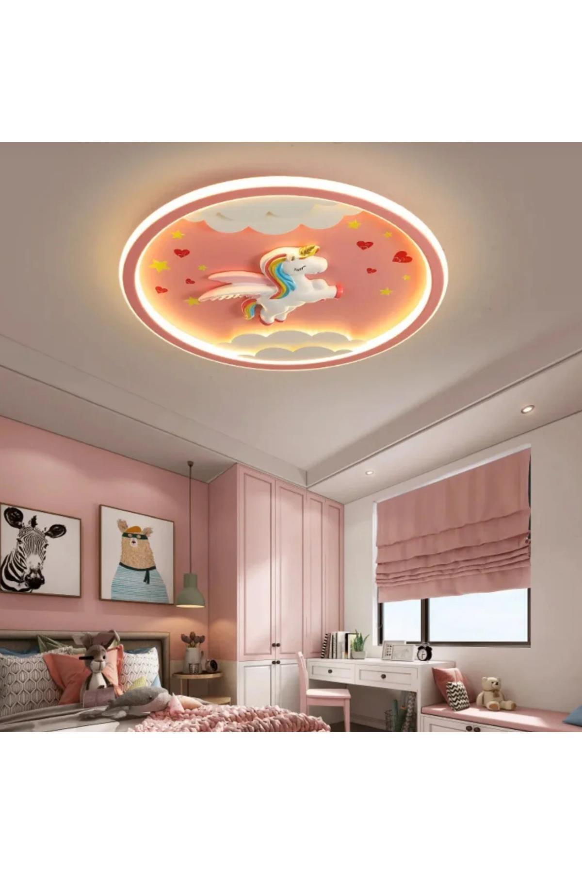 Modern Tasarım Dimmer Özellikli Kumandalı 3 Renk Işıklı Unicorn Kız Çocuk Odası Avizesi Pembe
