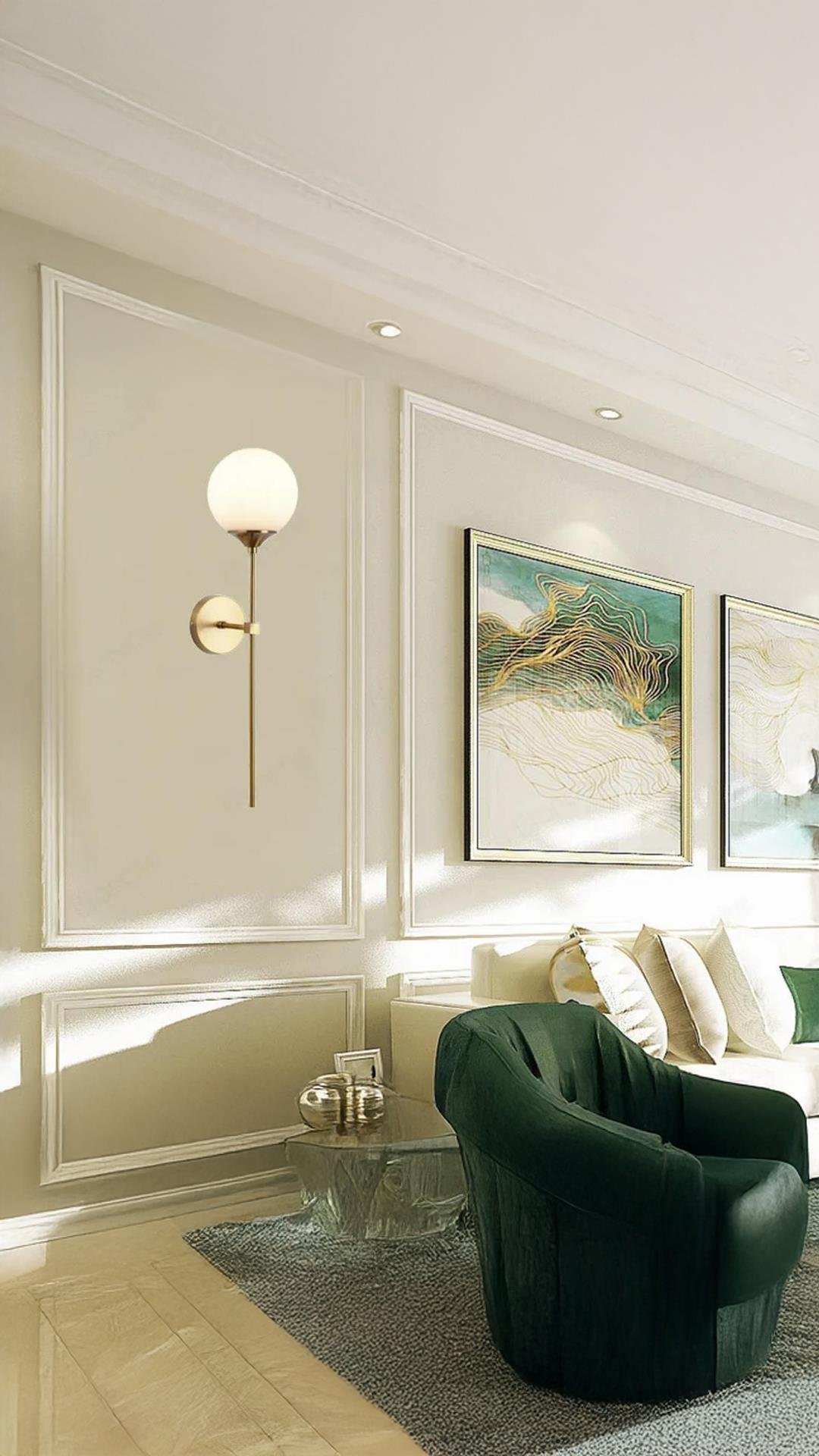 Modern Tasarım Duvar Beyaz Opal Camlı Aplik Eskitme Gold