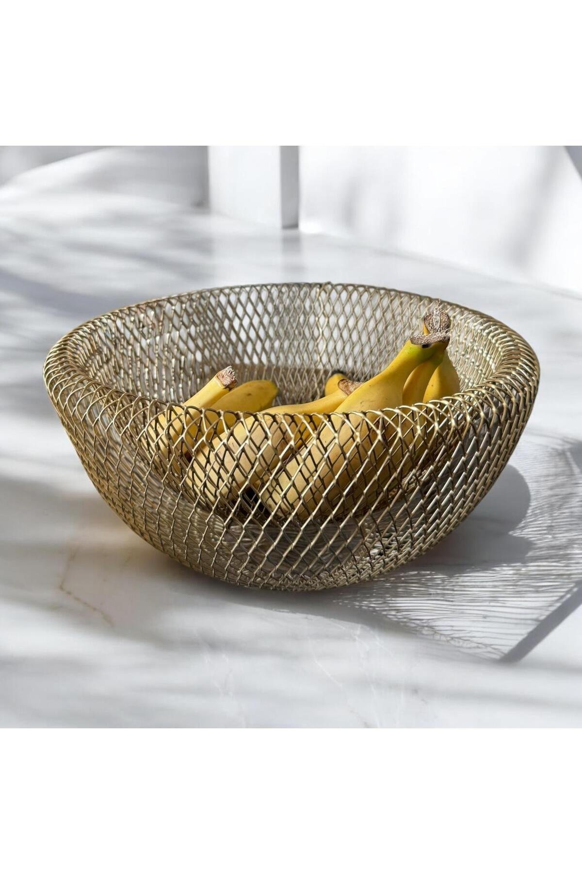 Modern Tasarım Fiko Sunum Dekoratif Sebzelik Meyvelik Metal Sebze Ve Meyve Sepeti Sunumluk Gold Sarı