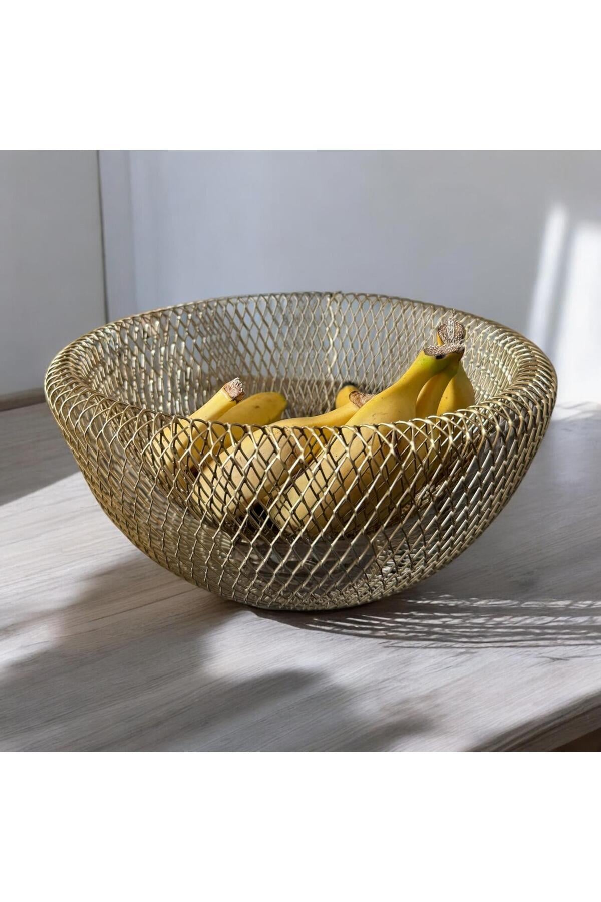 Modern Tasarım Fiko Sunum Dekoratif Sebzelik Meyvelik Metal Sebze Ve Meyve Sepeti Sunumluk Gold Sarı