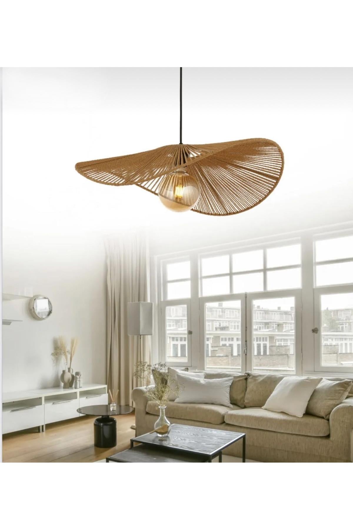 Modern Tasarım Hasır Avize Rattan Boheme Avize Sarkıt 40 Cm Çap