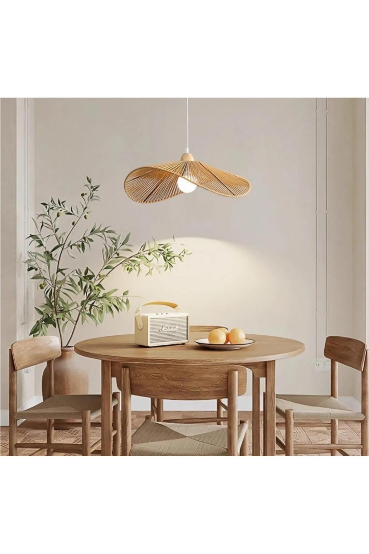 Modern Tasarım Hasır Avize Rattan Boheme Avize Sarkıt 40 Cm Çap