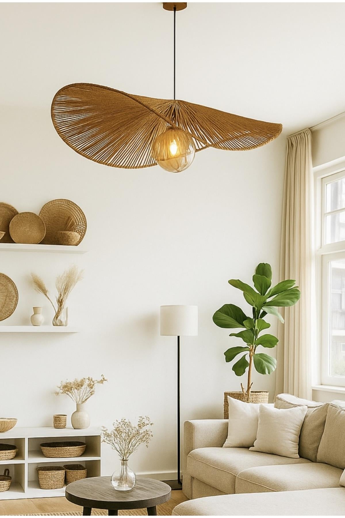 Modern Tasarım Hasır Avize Rattan Boheme Avize Sarkıt 40 Cm Çap