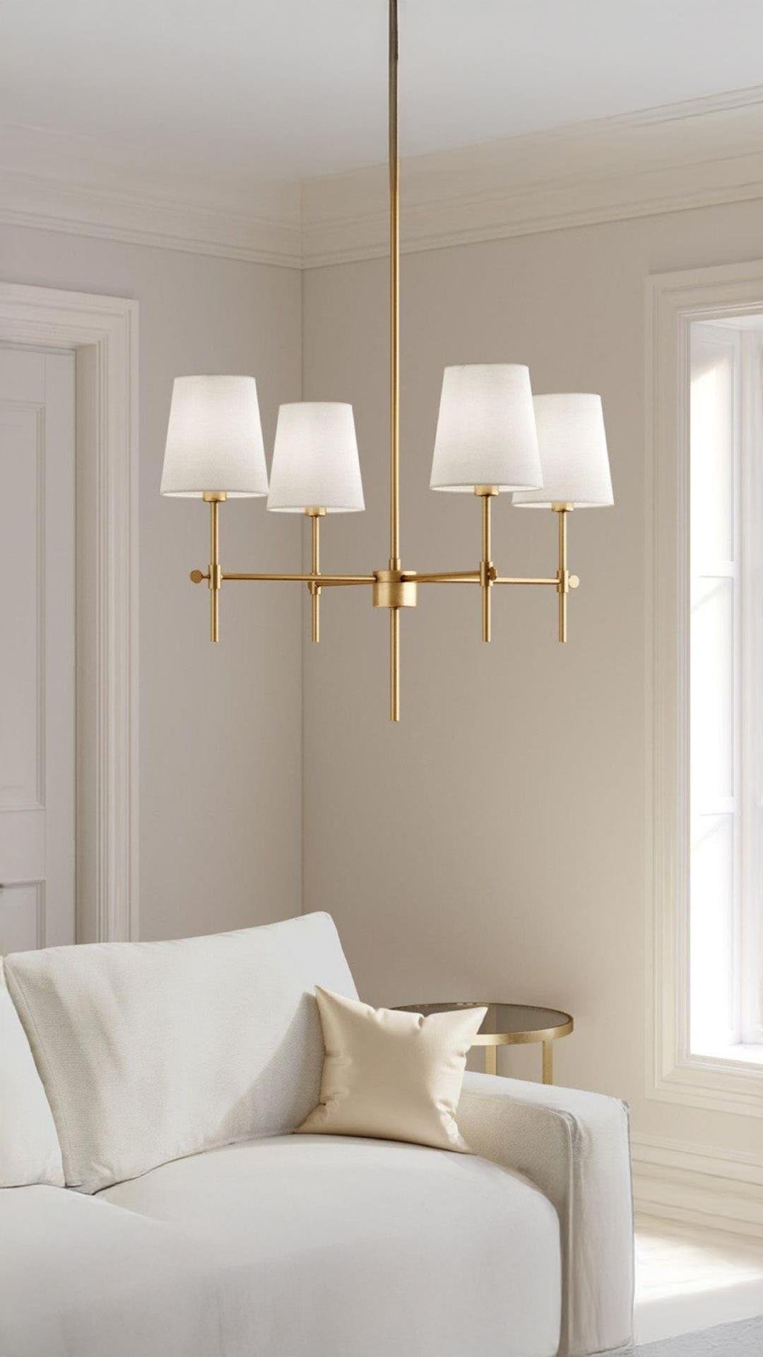 Modern Tasarım Krem Abajur 4 Kollu Avize Eskitme Gold Salon Oturma Odası Avizesi