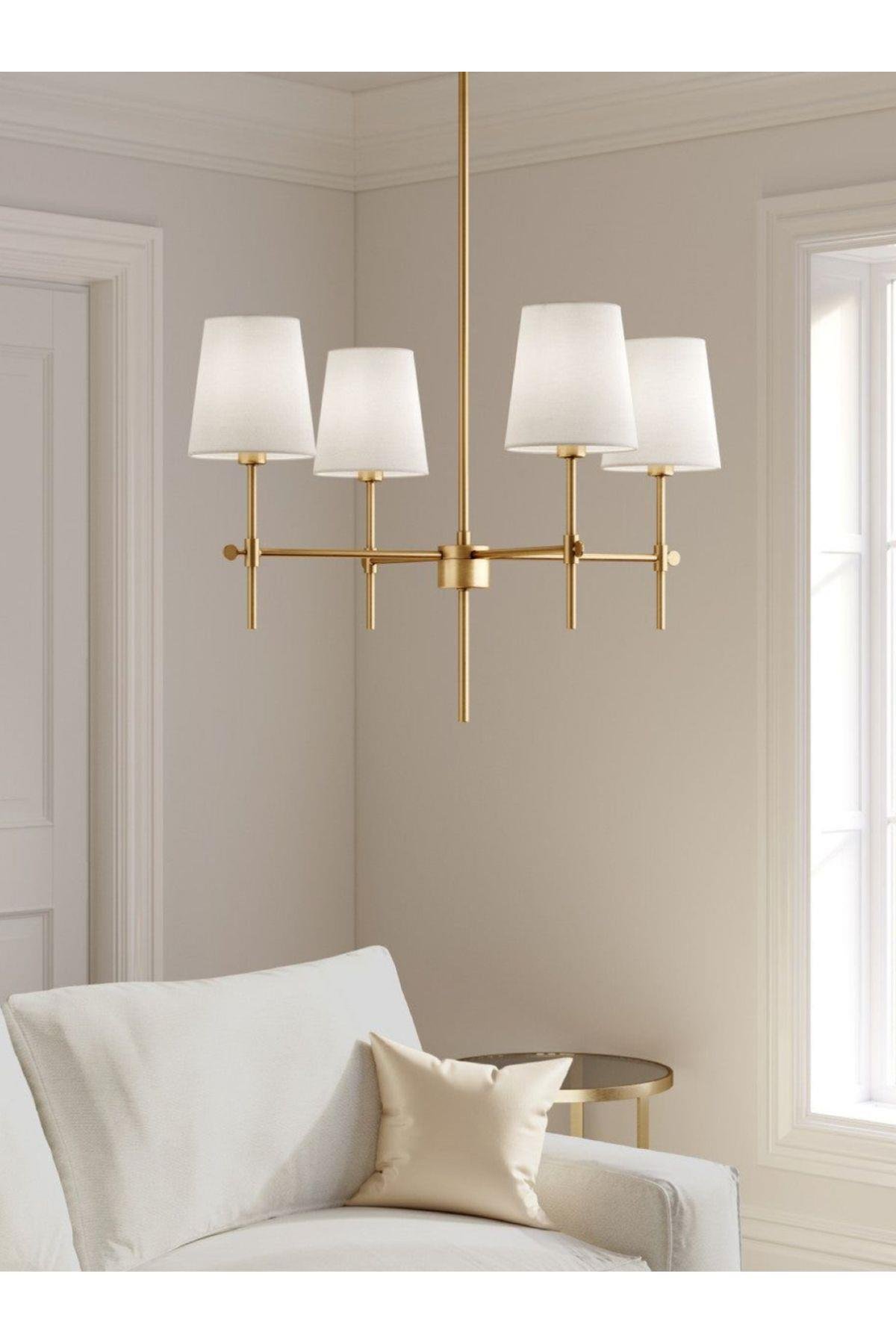 Modern Tasarım Krem Abajur 4 Kollu Avize Eskitme Gold Salon Oturma Odası Avizesi