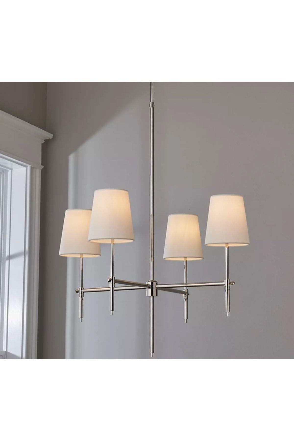 Modern Tasarım Krem Abajur 4 Kollu Avize Krom Gümüş Salon Oturma Odası Avizesi