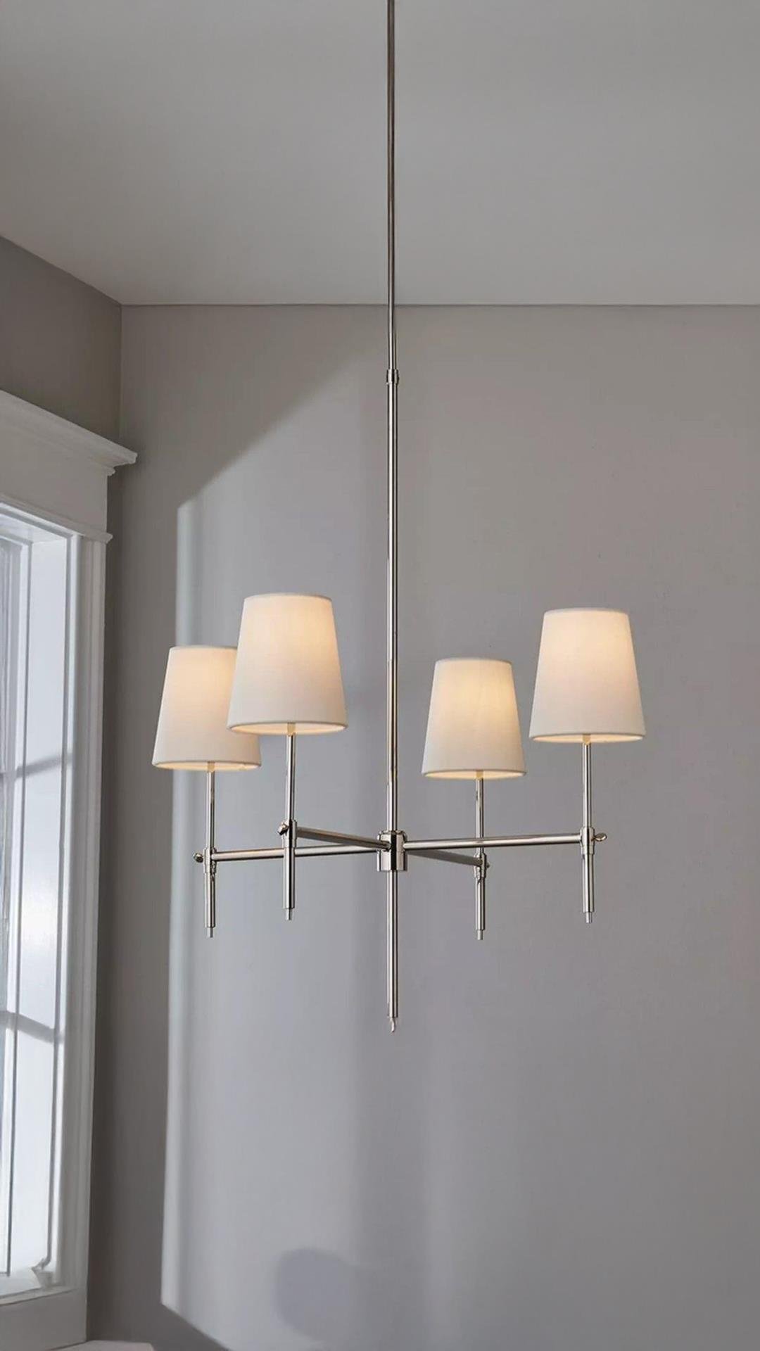Modern Tasarım Krem Abajur 4 Kollu Avize Krom Gümüş Salon Oturma Odası Avizesi