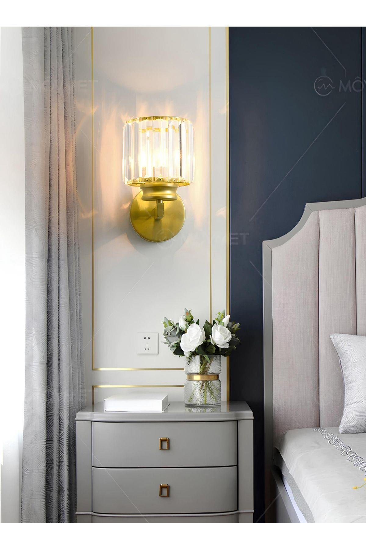 Modern Tasarım Kristal Taşlı Duvar Aplik 1 adet Elektrikle Çalışır Eskitme Gold Gövde