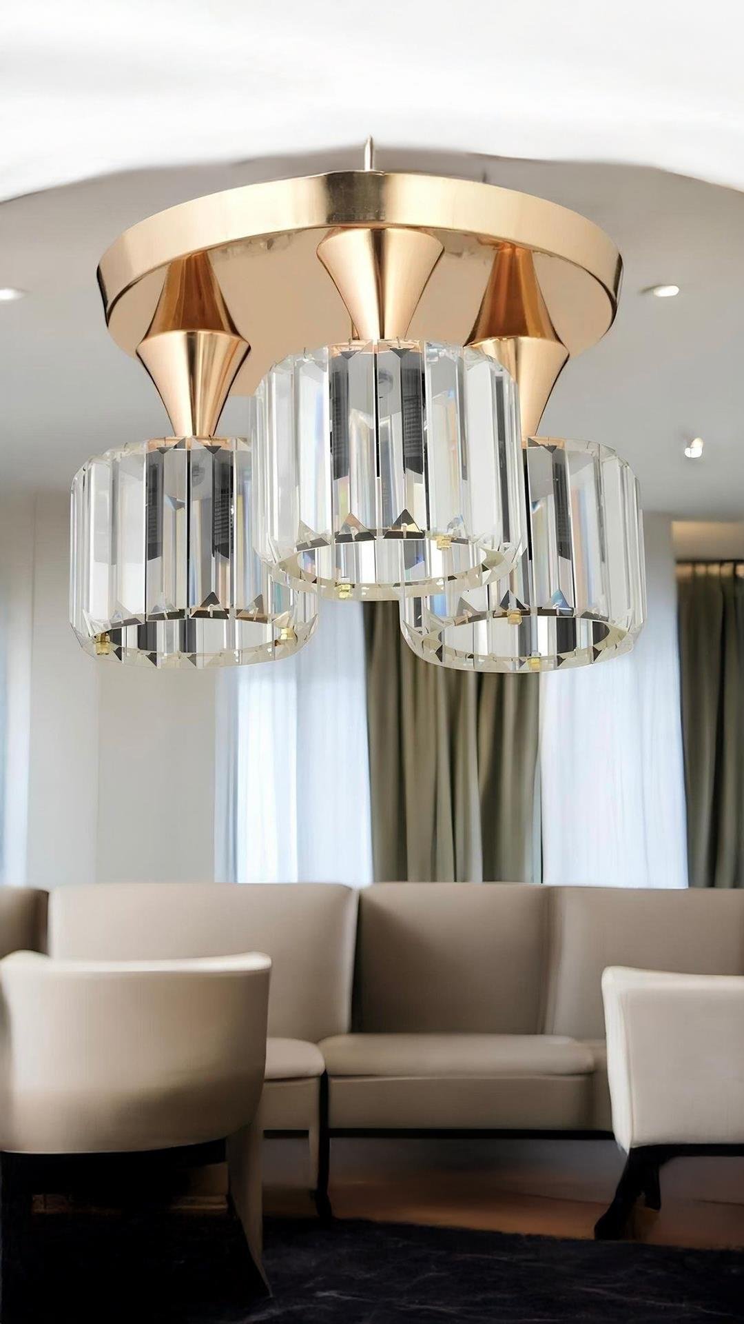 Modern Tasarım Kristal Taşlı Tavana Sıfır Üçlü Avize Salon Oturma Odası Mutfak Avizesi Gold Sarı