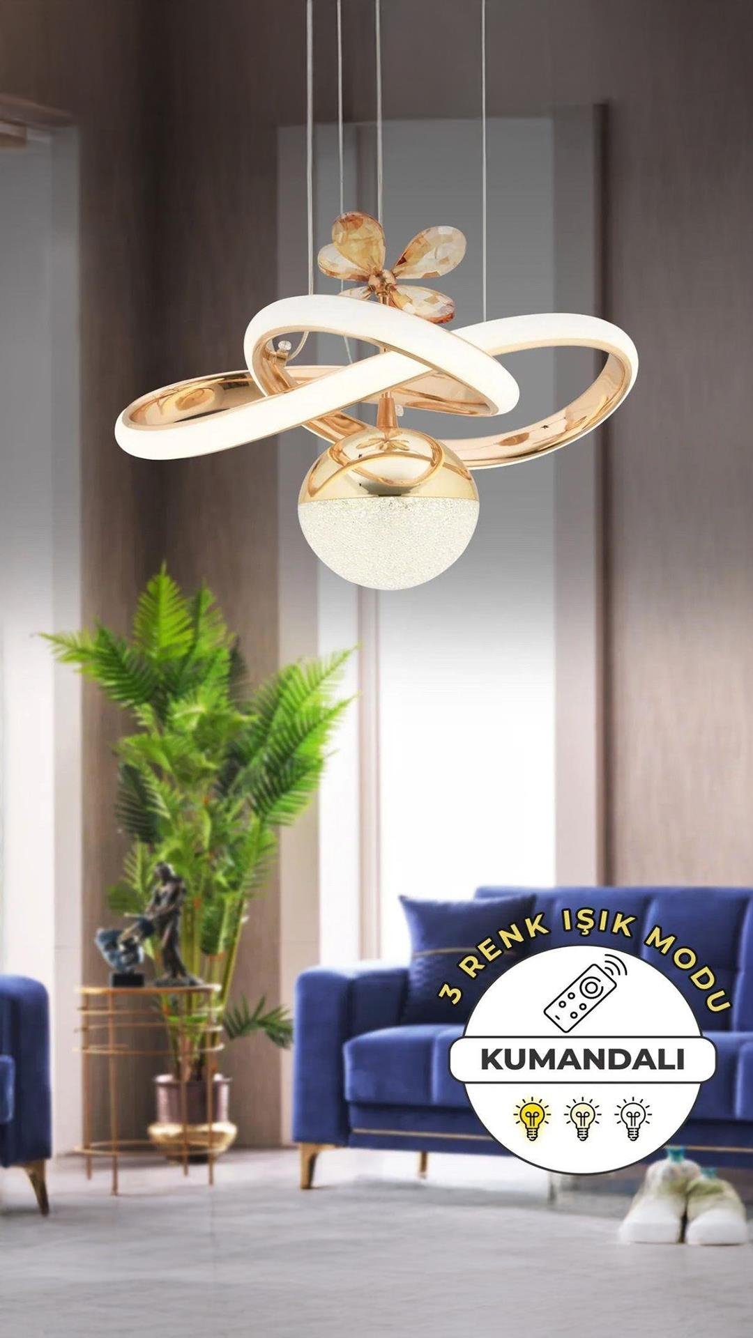 Modern Tasarım Kumandalı 3 Renk Corto Sarkıt Led Avize Kristal Taşlı Toplu Ledli Avize Gold Sarı