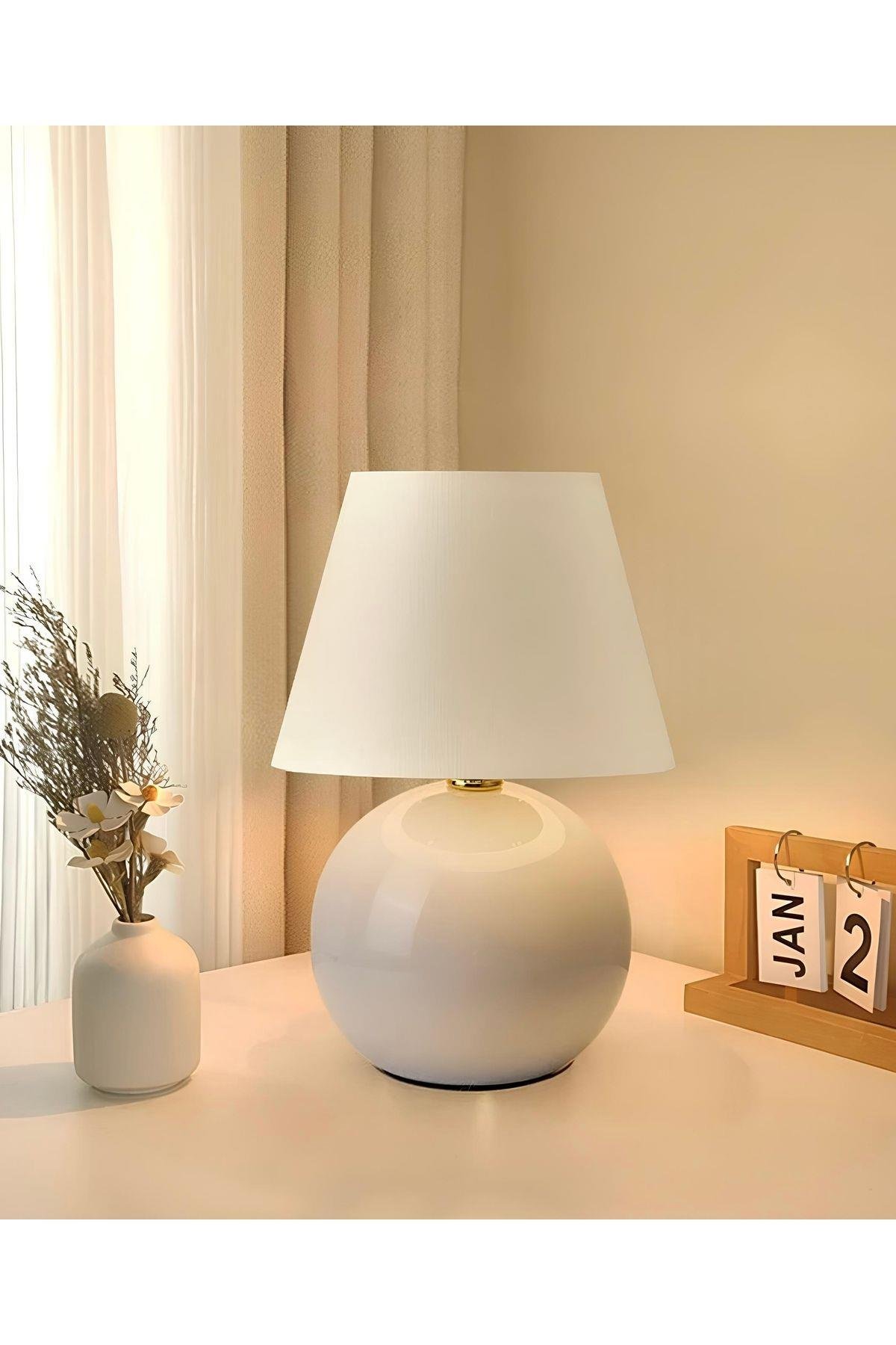 Modern Tasarım Marwis Abajur Krem Abajur Masa Lambası Metal Krem Gövde