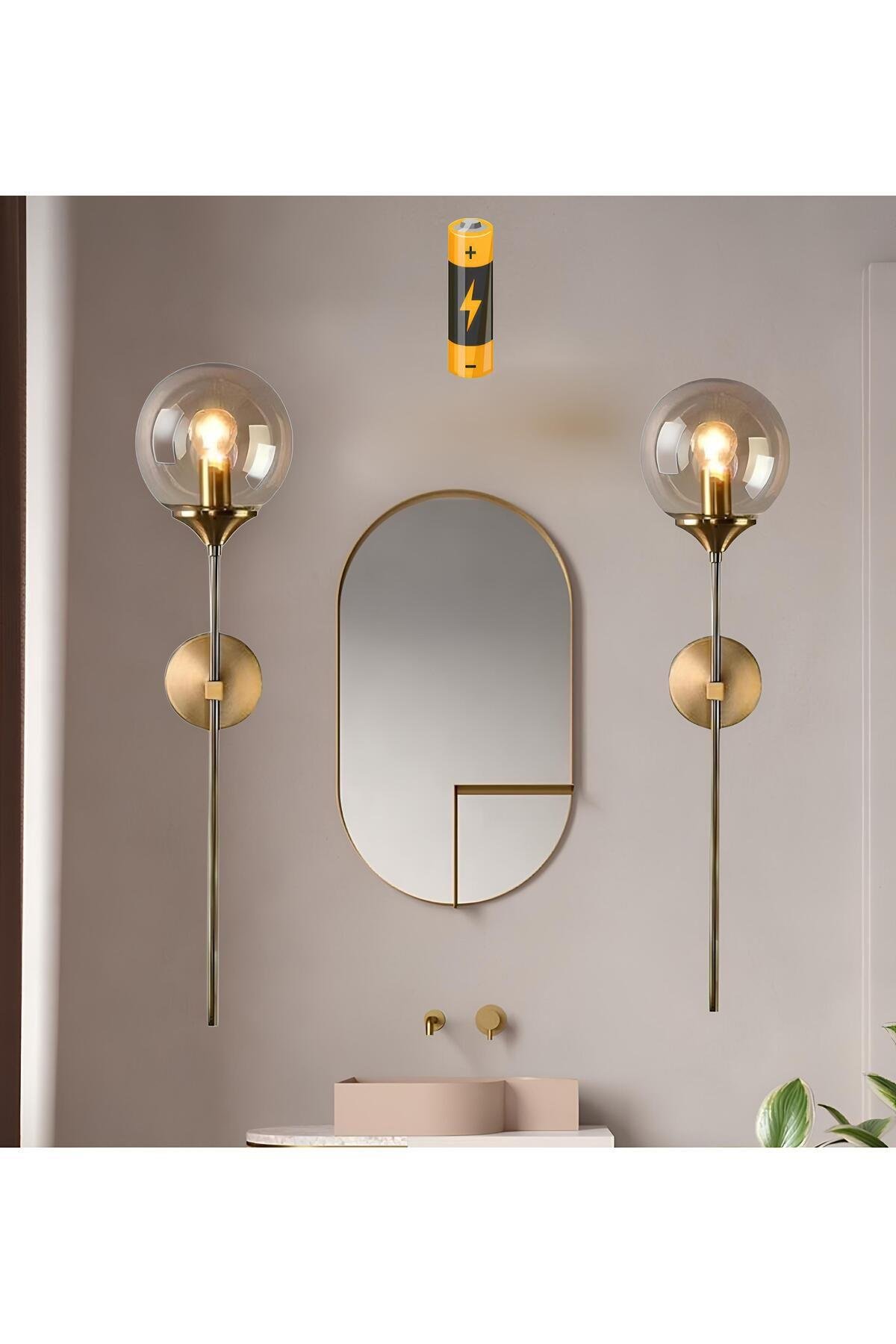 Modern Tasarım Pilli Aplik 1 Adet Kablosuz Tak Çalıştır Duvar Camlı Aplik Eskitme Gold Bal Cam