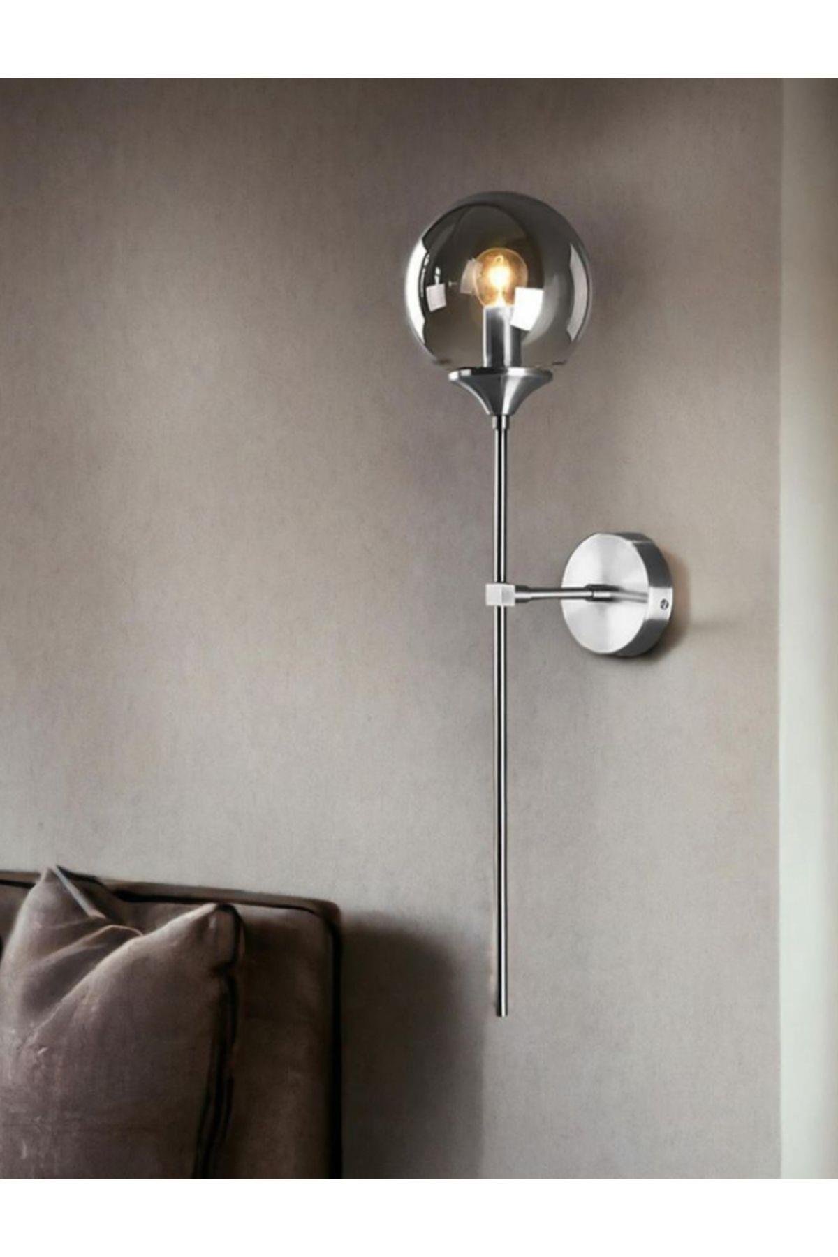 Modern Tasarım Pilli Aplik Kablosuz Tak Çalıştır Aç Kapa Butonlu Krom Gövde Füme Camlı Aplik