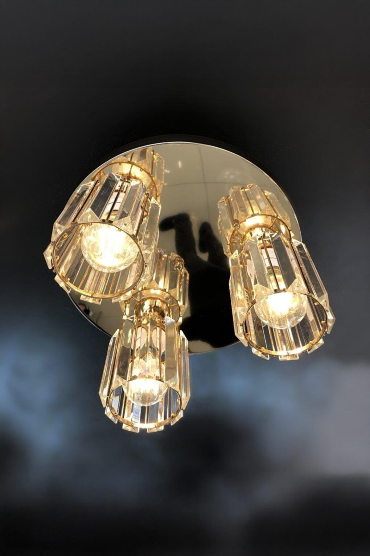 Modern Tasarım Plafonyer Kristal Taşlı Üçlü Avize Gold Sarı Şık Görsel