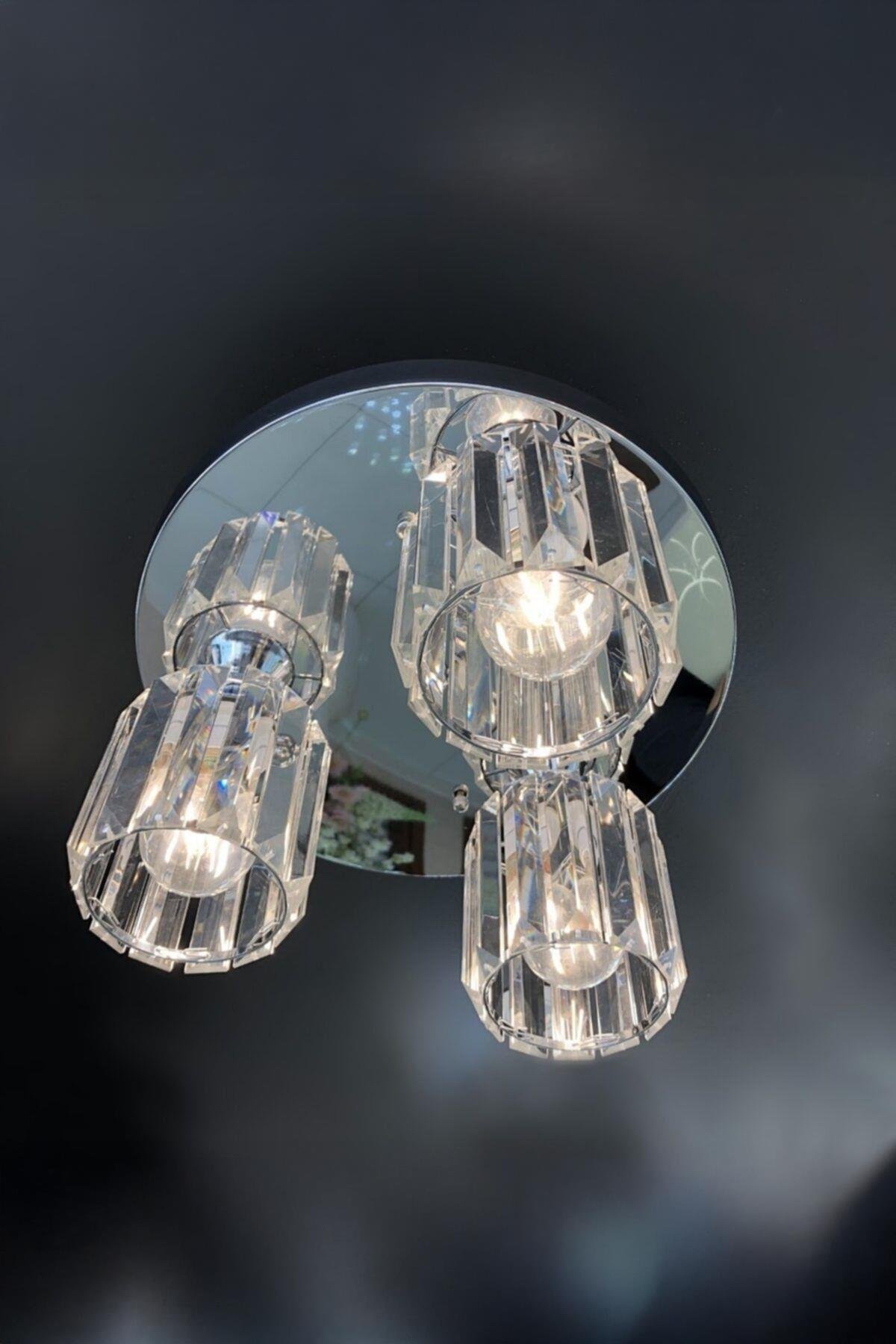 Modern Tasarım Plafonyer Kristal Taşlı Üçlü Avize Krom Şık Görsel