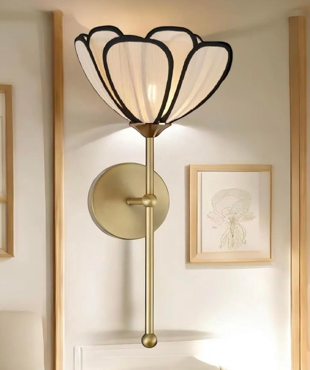 Modern Tasarım Rose Çiçek Lale Aplik Kablolu Elektrikle Çalışır Eskitme Gold Sarı Gövde Ekru Kumaş