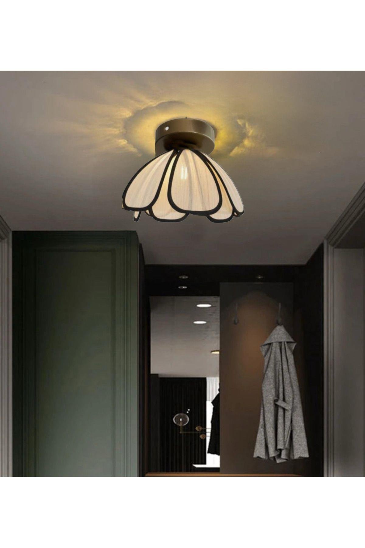 Modern Tasarım Rose Çiçek Plafonyer Tavan Avize Siyah Gövde Ekru Kumaş