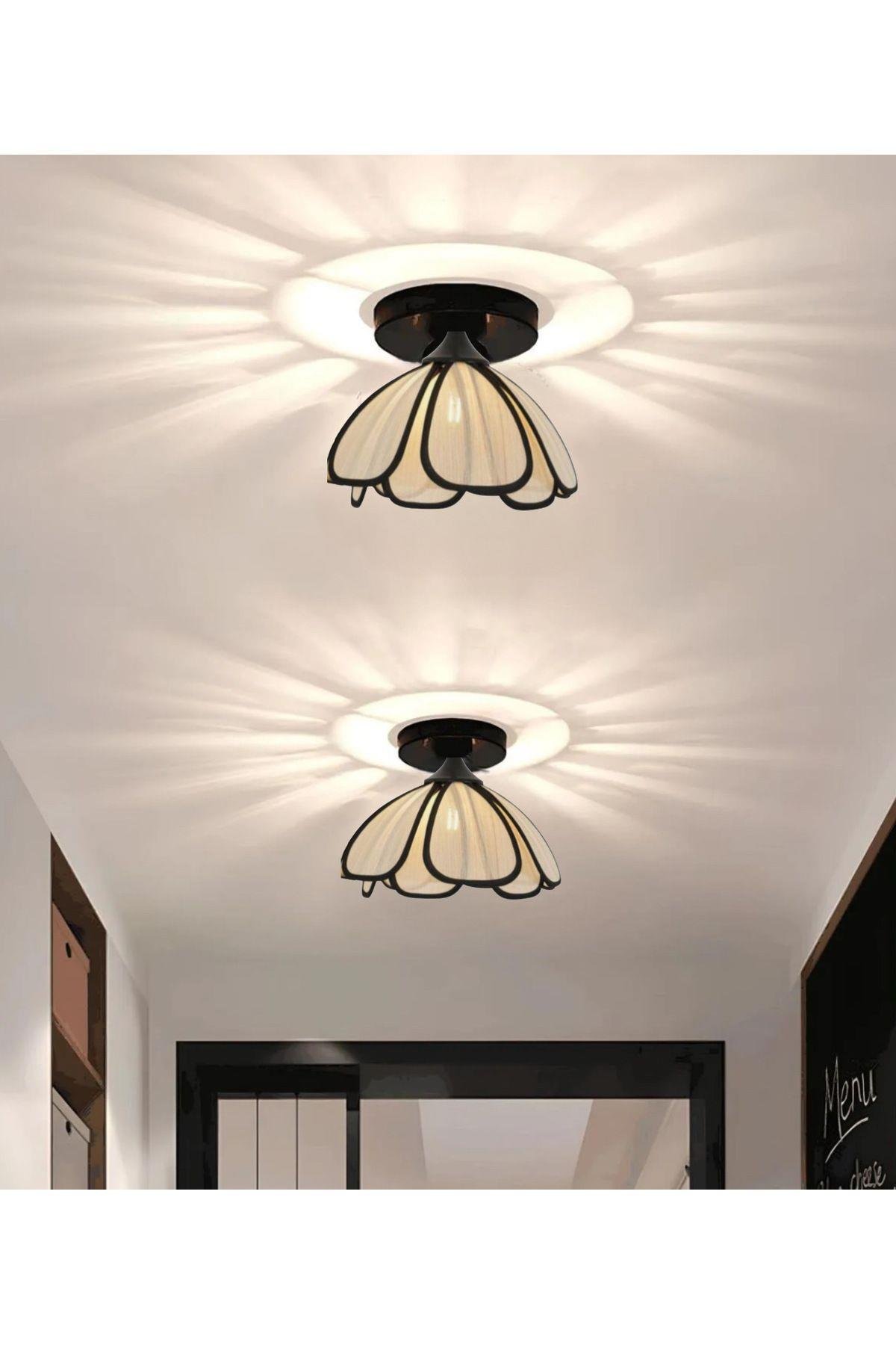 Modern Tasarım Rose Çiçek Plafonyer Tavan Avize Siyah Gövde Ekru Kumaş