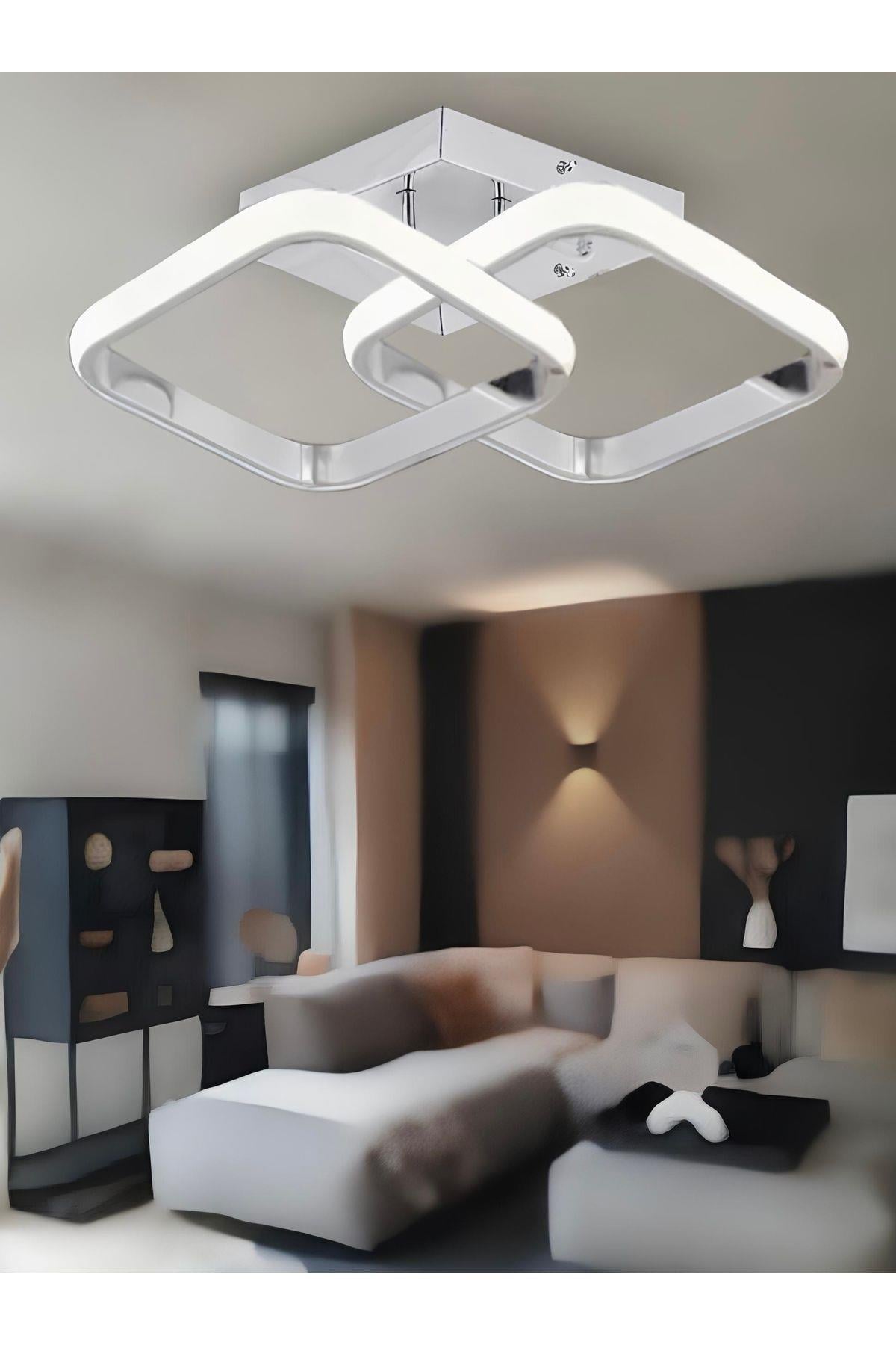 Modern Tasarım Square Plafonyer Tavan Led Avize Krom Power Ledli Salon Hol Mutfak Avize