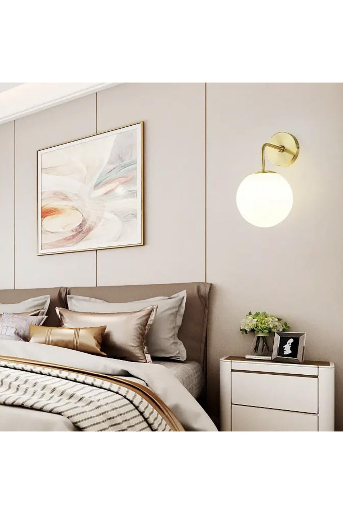 Modern Tasarım Tak Çalıştır Pilli Aplik Eskitme Gold Duvar Pilli Aplik Beyaz Opal Cam
