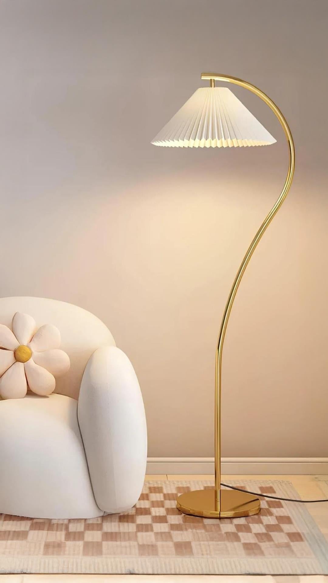Modern Tasarım Umbrella Abajur Ayaklı Lambader Krem Şapka Eskitme Gold Ayak
