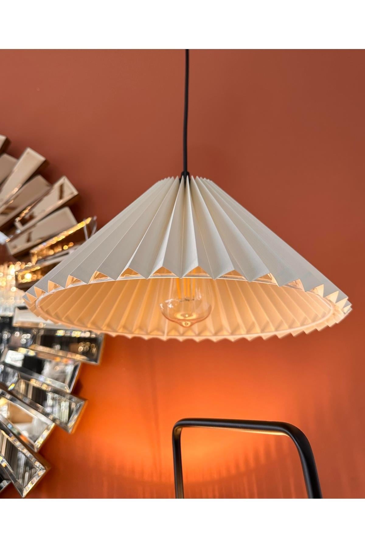 Modern Tasarım Umbrella Plafonyer Tavan Avize Krem Kumaş Abajur Eskitme Gold Sarı