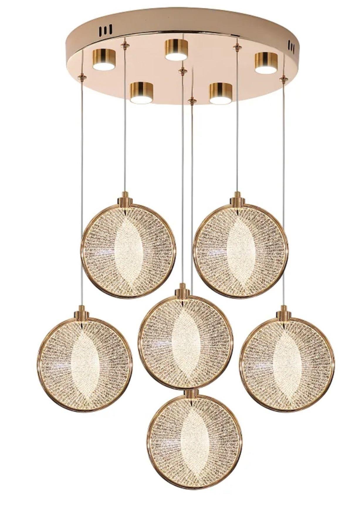 Modern Tasarım Venezia Led Avize Altılı Sarkıt Avize Kumandalı 3 Renk Dimmer Özellikli Gold Sarı