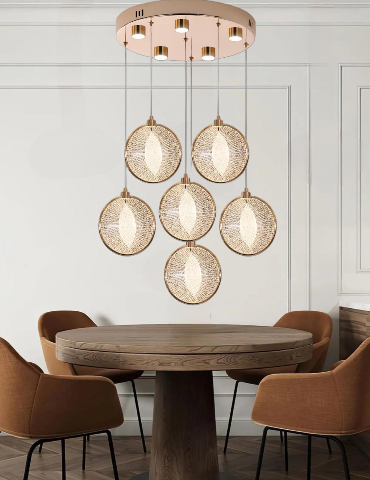 Modern Tasarım Venezia Led Avize Beşli Sıralı Sarkıt Avize Kumandalı 3 Renk Dimmerli Gold Sarı