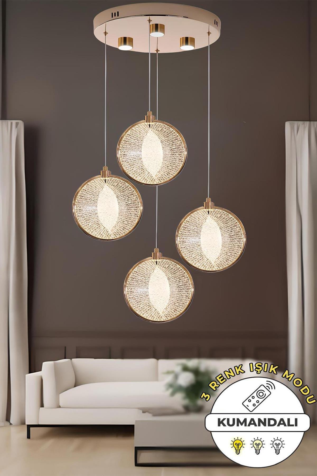 Modern Tasarım Venezia Led Avize Dörtlü Sarkıt Avize Kumandalı 3 Renk Dimmer Özellikli Gold Sarı