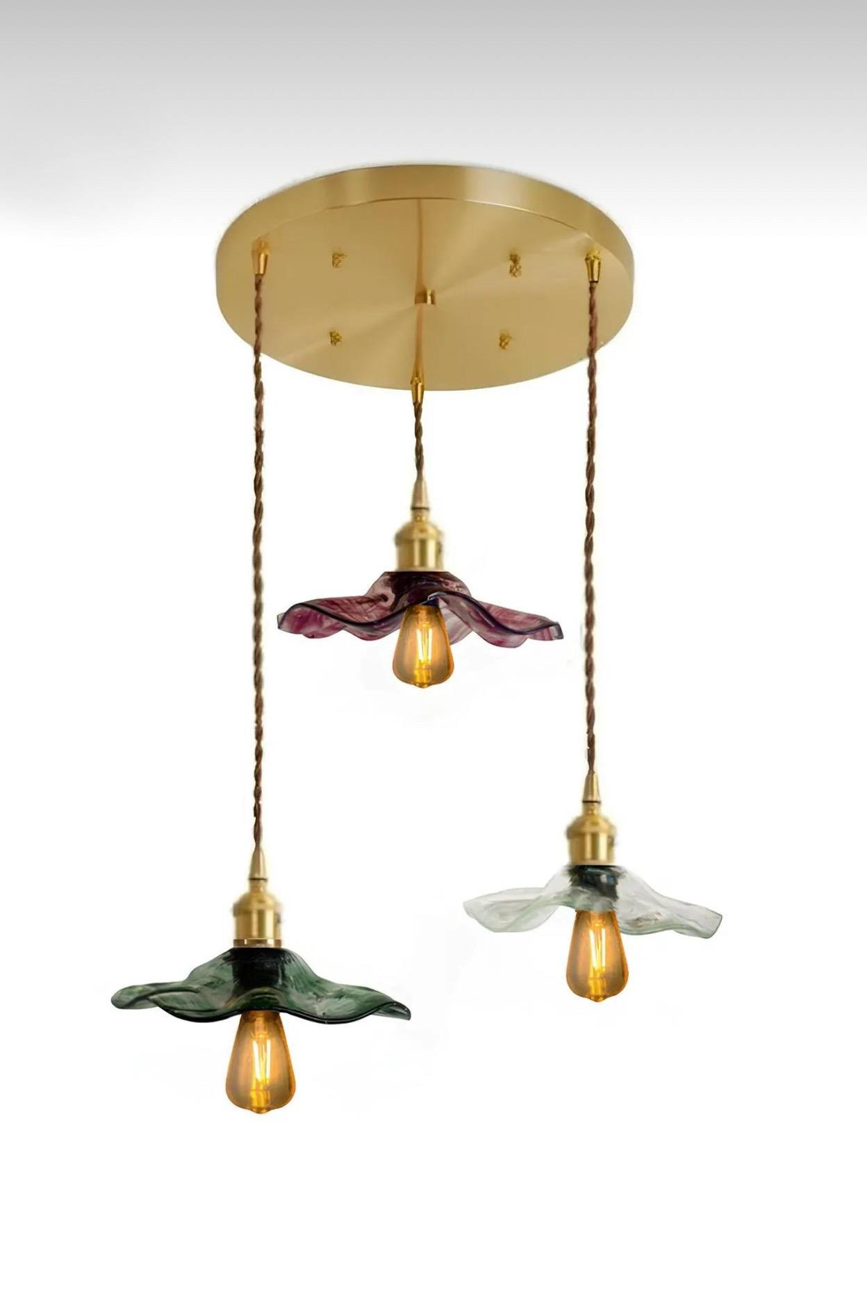 Modern Tasarım Vintage Boheme El Yapımı Karışık Renkli Camlı Üçlü Sarkıt Avize Eskitme Gold