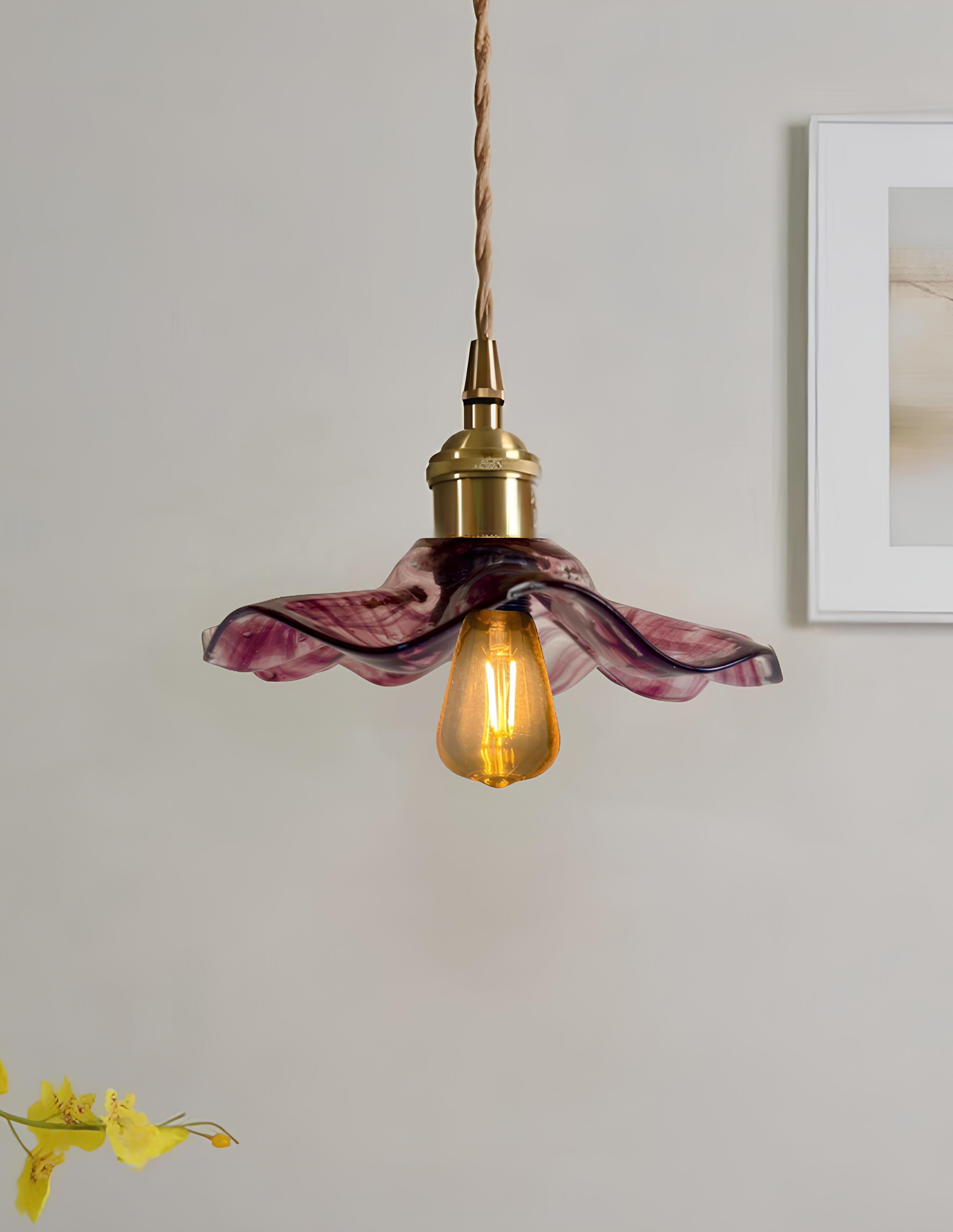 Modern Tasarım Vintage Boheme Estetik El Yapımı Lila Camlı Sarkıt Avize Eskitme Gold Kahve Örgü