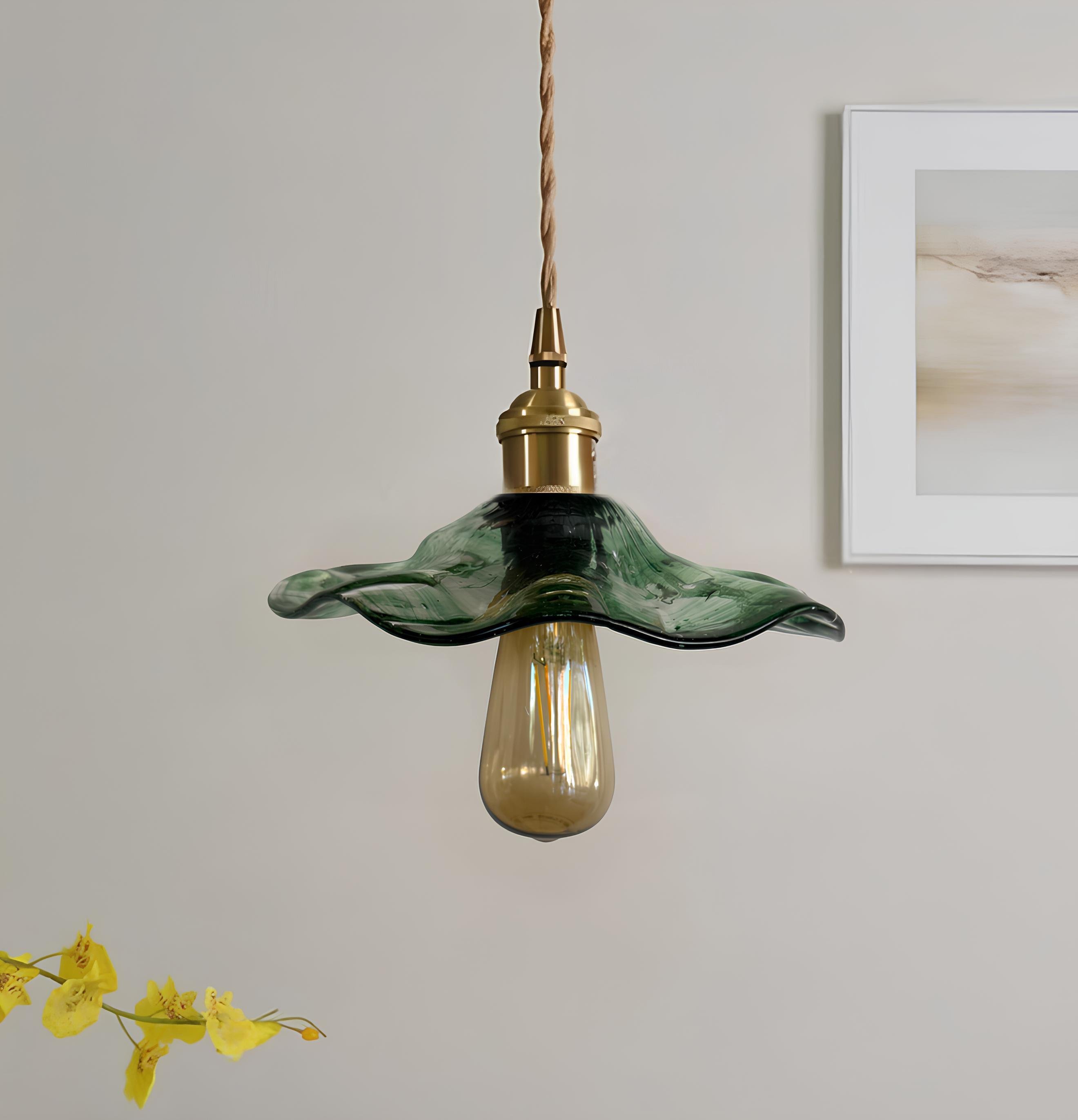 Modern Tasarım Vintage Boheme Estetik El Yapımı Yeşil Camlı Sarkıt Avize Eskitme Gold Kahve Örgü