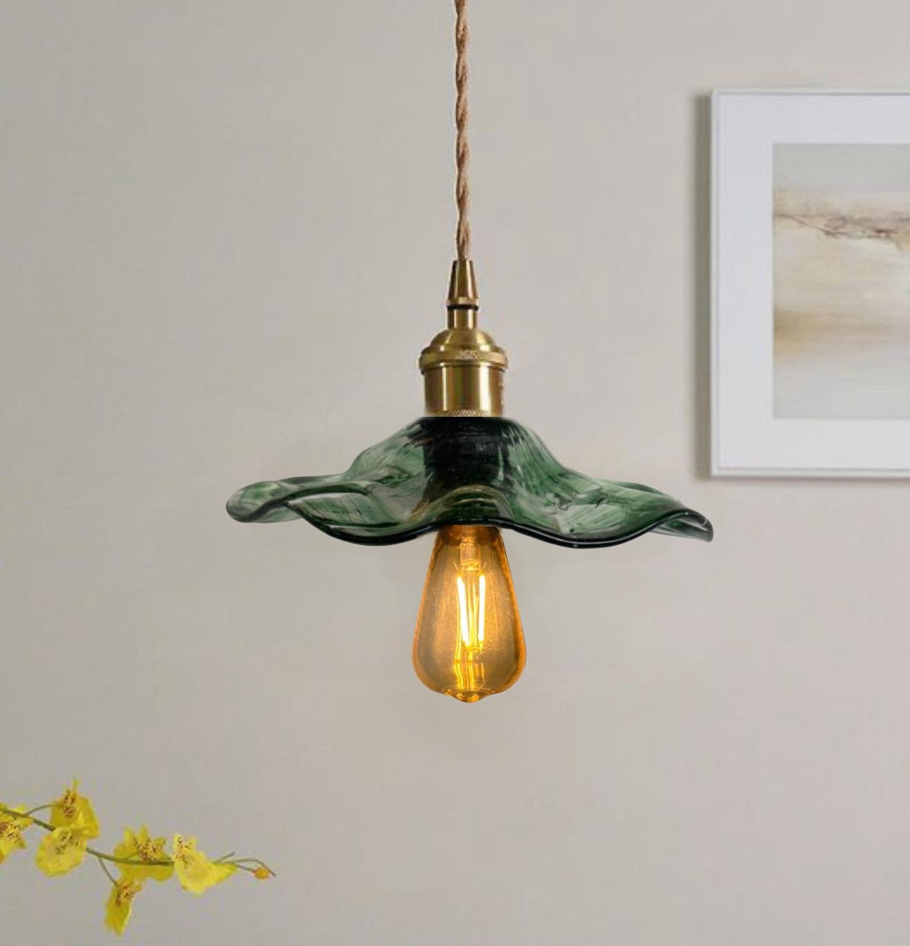 Modern Tasarım Vintage Boheme Estetik El Yapımı Yeşil Camlı Sarkıt Avize Eskitme Gold Kahve Örgü