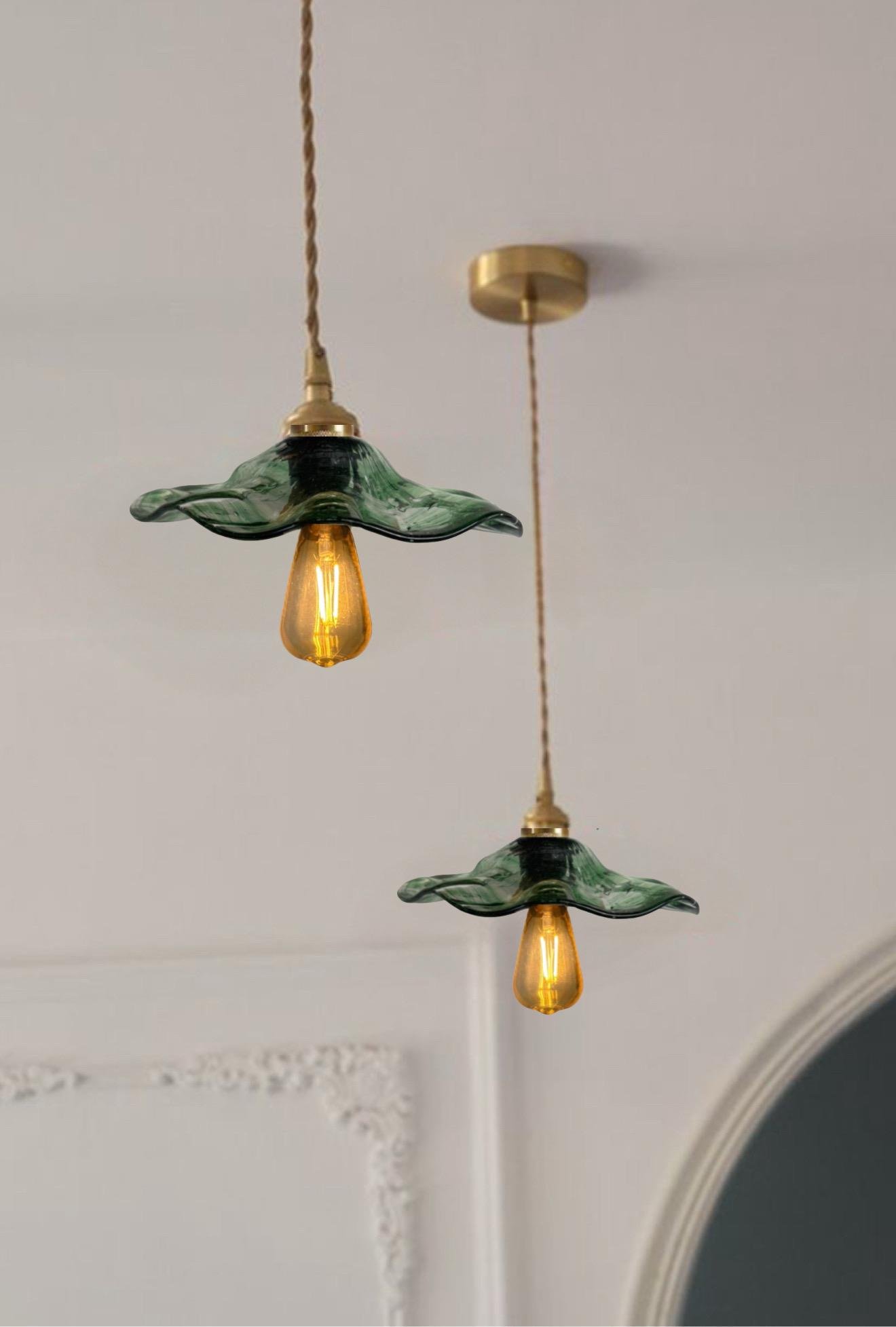 Modern Tasarım Vintage Boheme Estetik El Yapımı Yeşil Camlı Sarkıt Avize Eskitme Gold Kahve Örgü