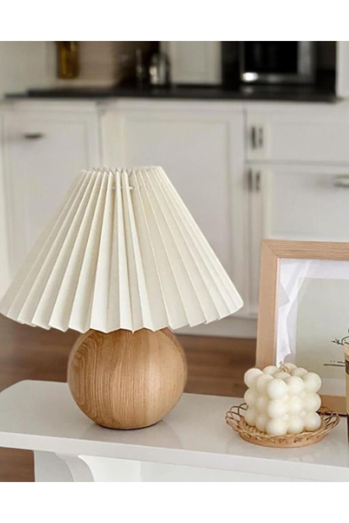 Modern Umbrella Trend Abajur Koyu Ahşap Detaylı Pileli Krem Şapka Masa Lambası