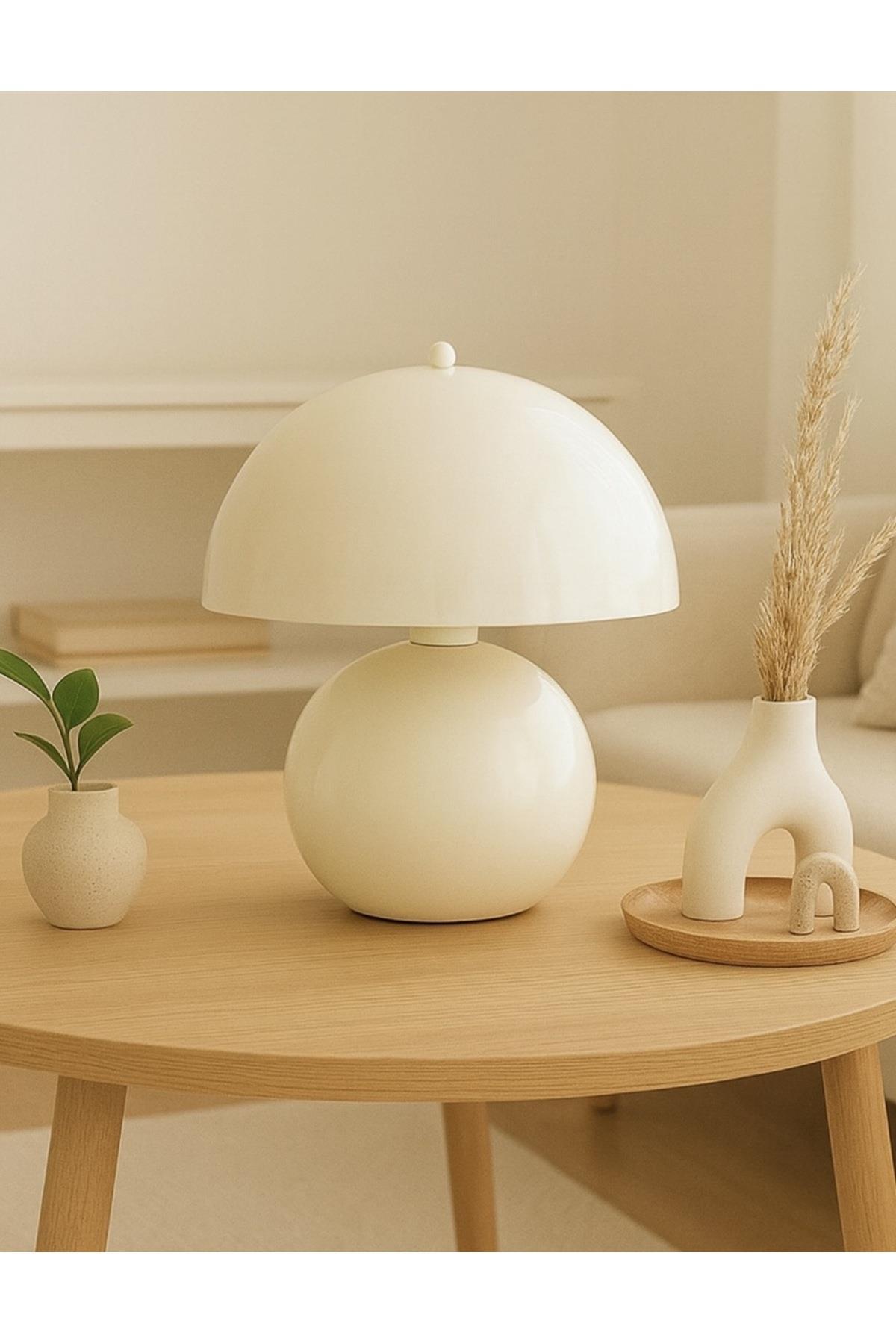Mushroom Abajur Masa Lambası Krem Renk Metal Gövde
