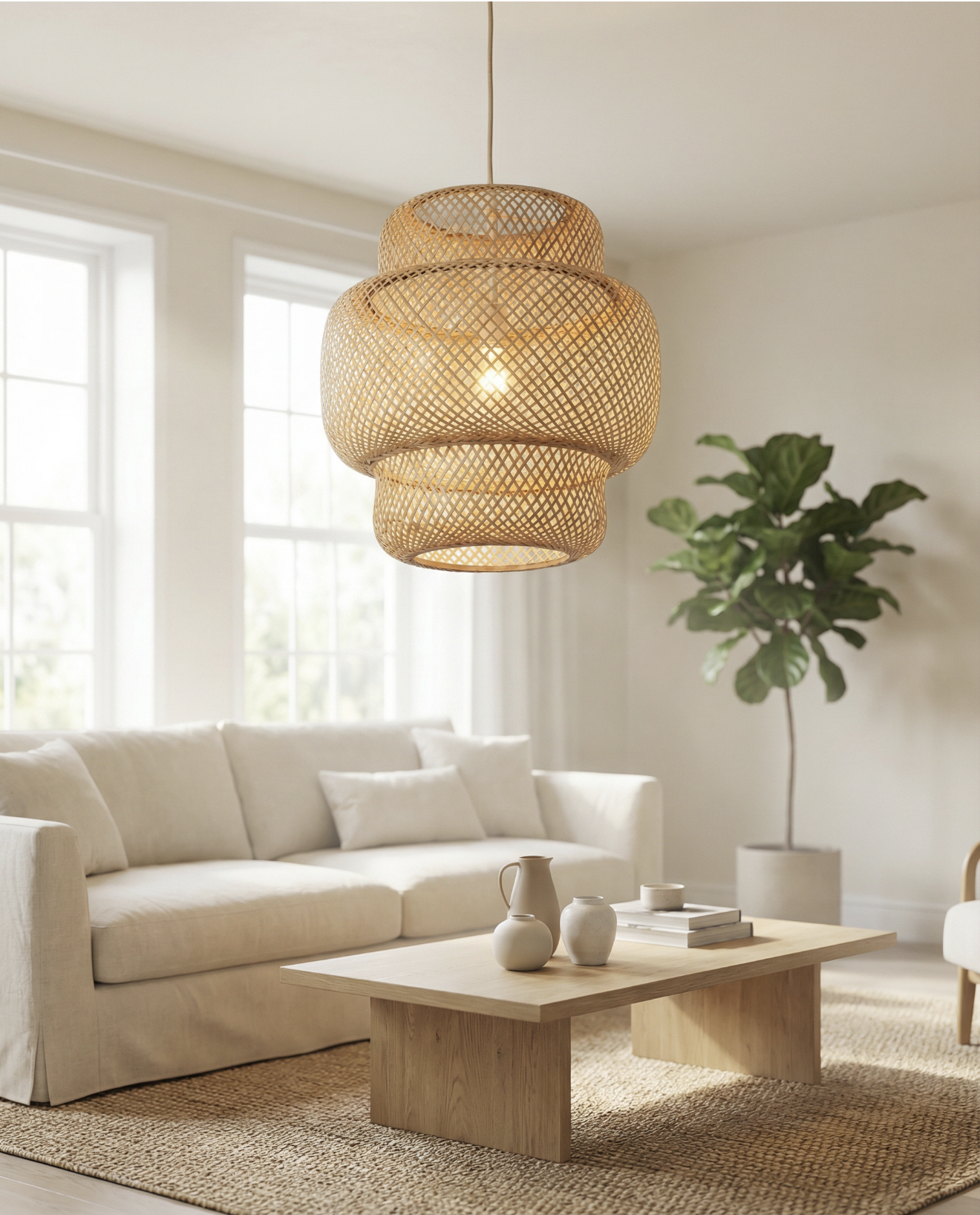 Naturel Nordic Tasarım Bamboo Avize Hasır Avize 1.sınıf Kalite 40 Cm Ferahlık Katar