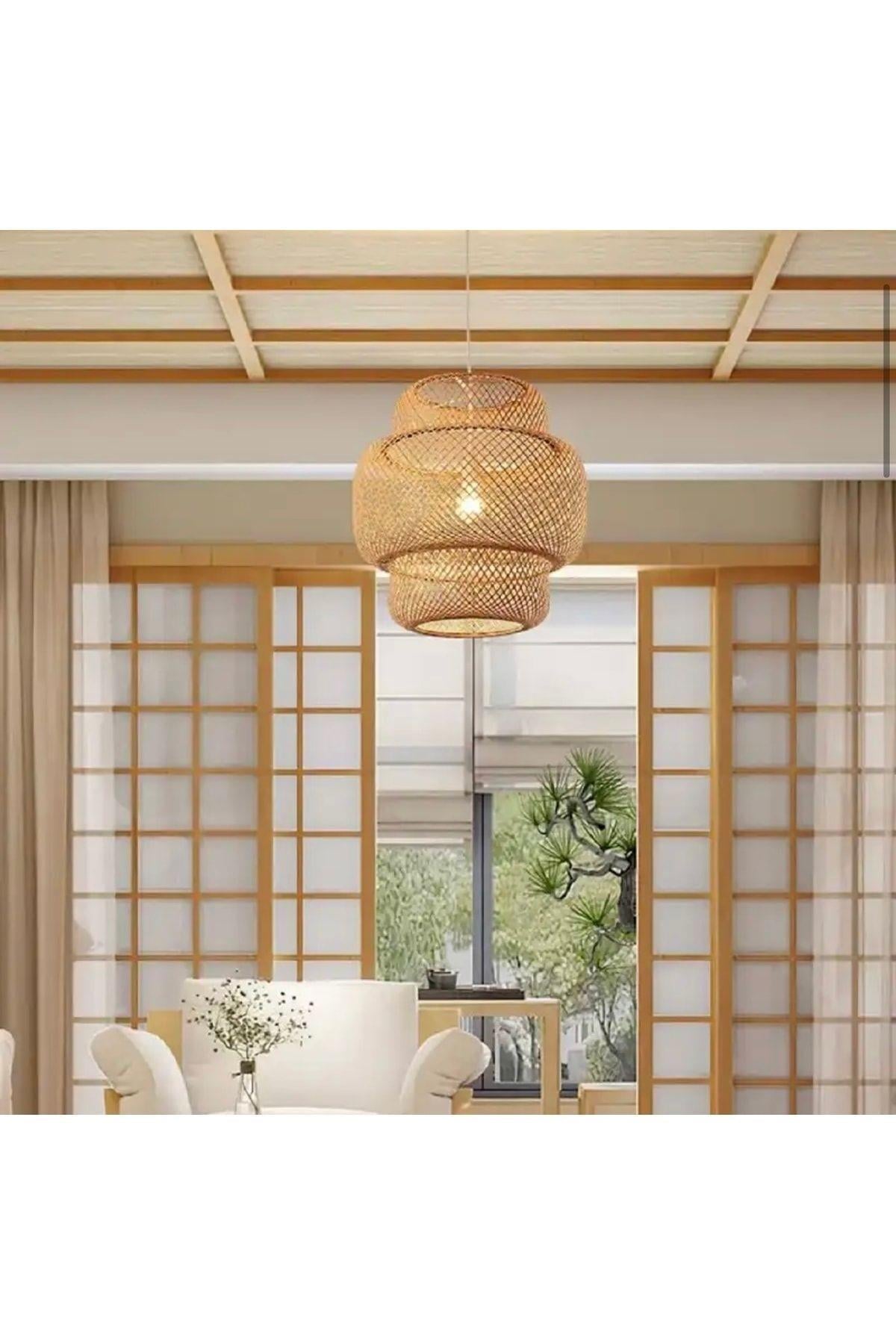 Naturel Nordic Tasarım Bamboo Avize Hasır Avize 1.sınıf Kalite 40 Cm Ferahlık Katar