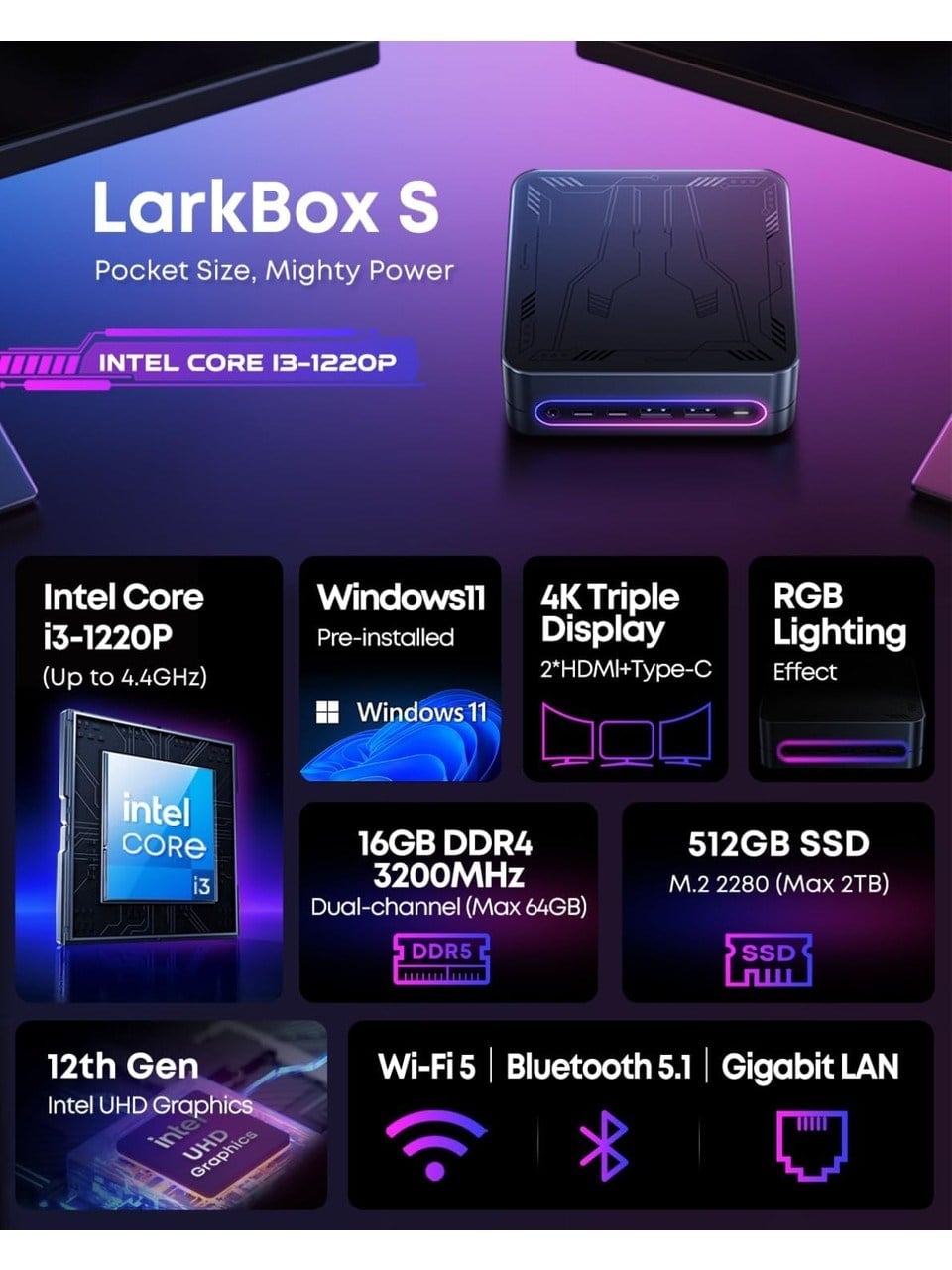 Chuwi Larkbox S Intel I3 1220P 16GB Ram 512GB SSD Windows 11 Mini Masaüstü Bilgisayar