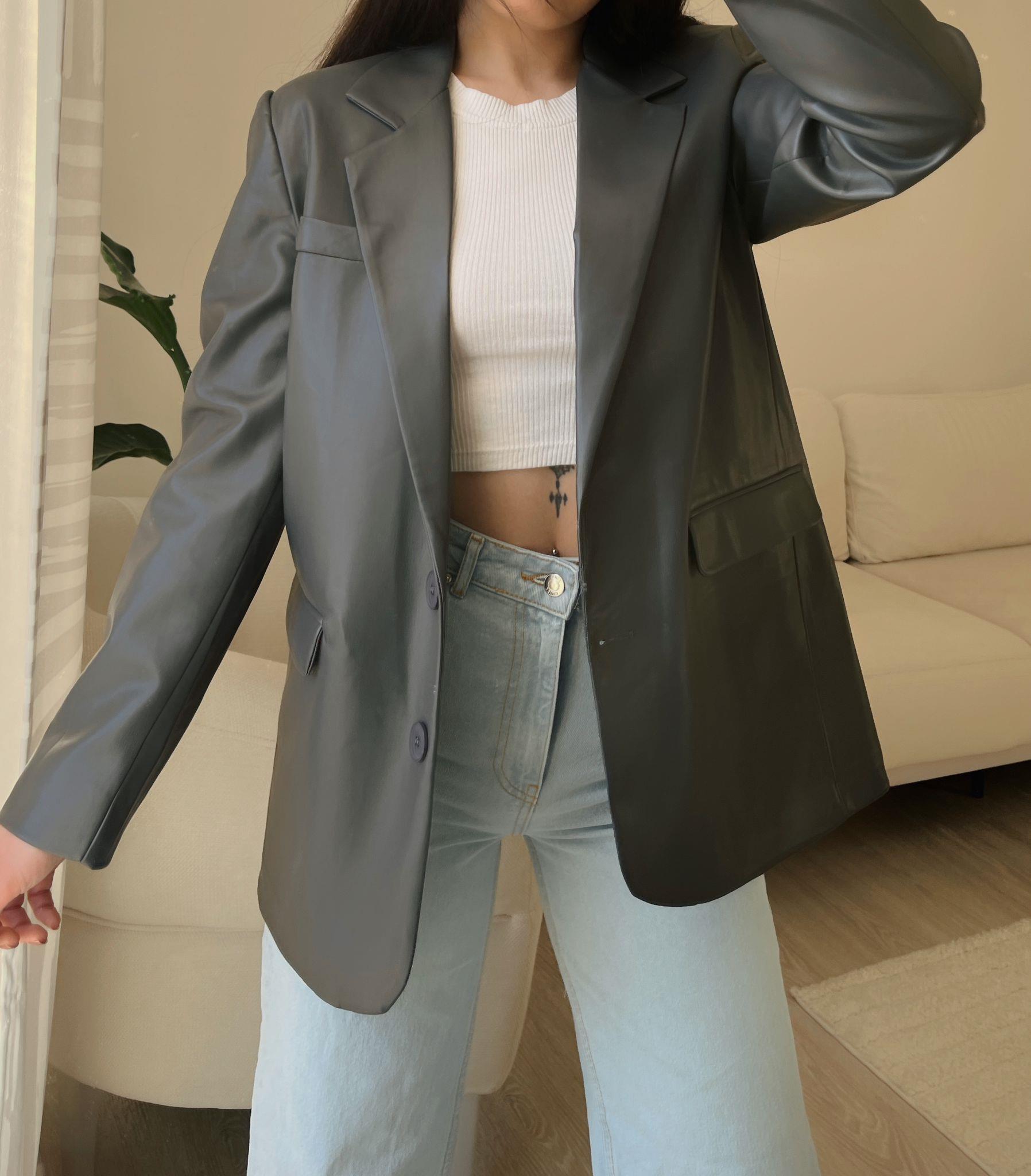 Agnes Astarlı Premium Deri Blazer Ceket - Antrasit