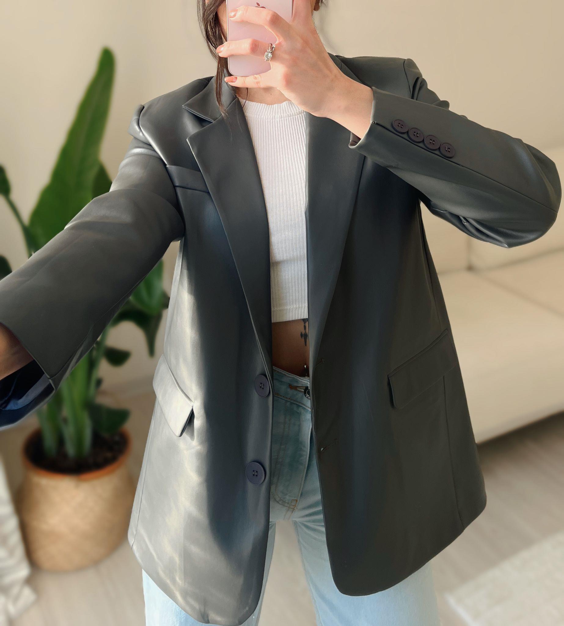 Agnes Astarlı Premium Deri Blazer Ceket - Antrasit