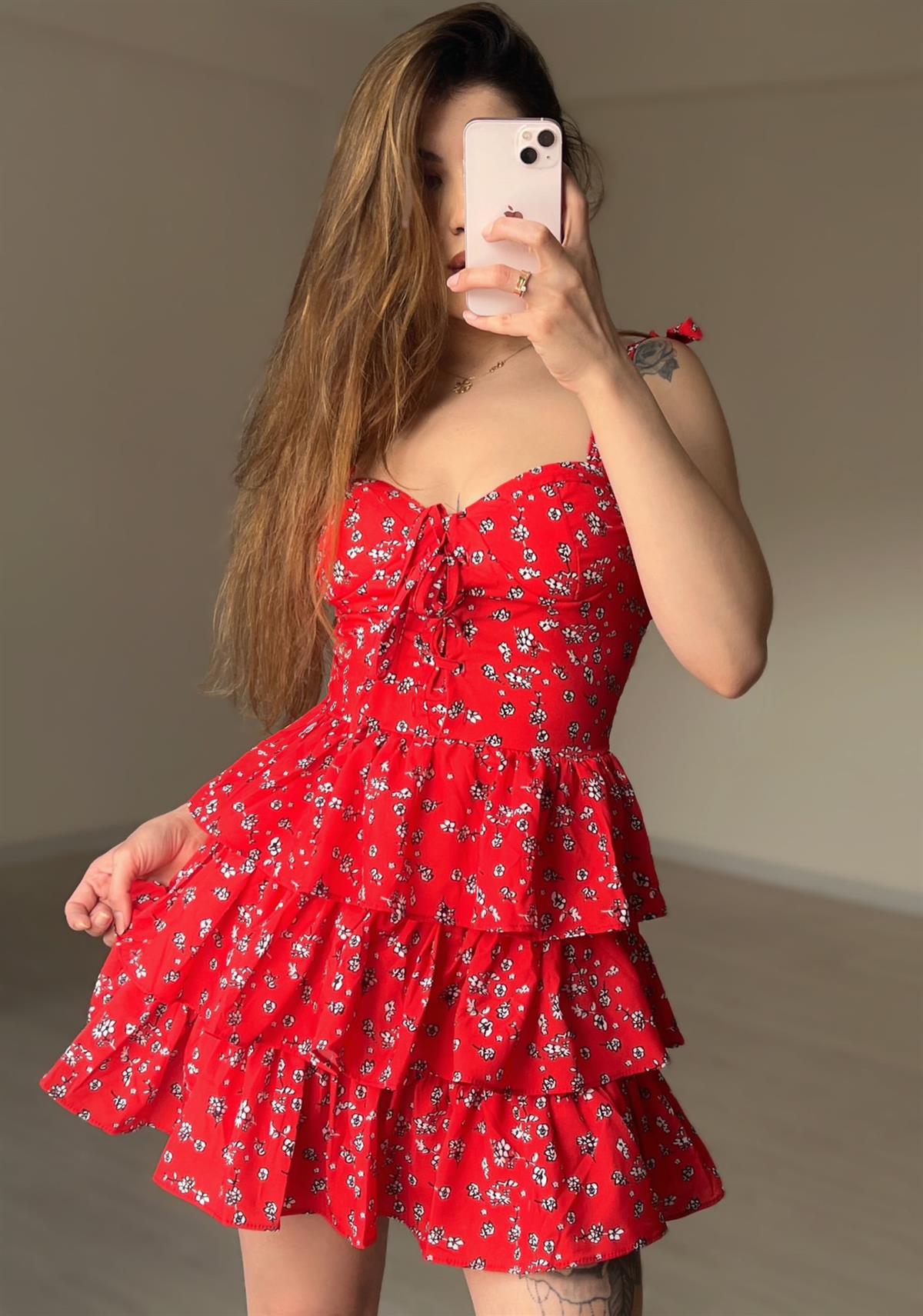 Amor Kırmızı Çiçekli Kat Kat Elbise