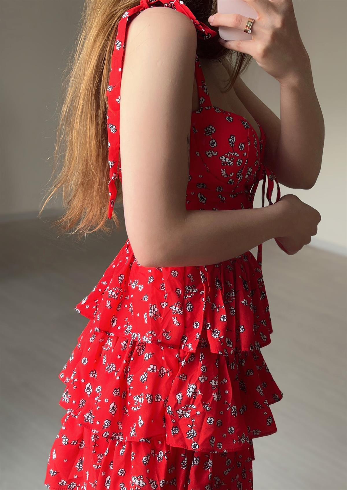 Amor Kırmızı Çiçekli Kat Kat Elbise