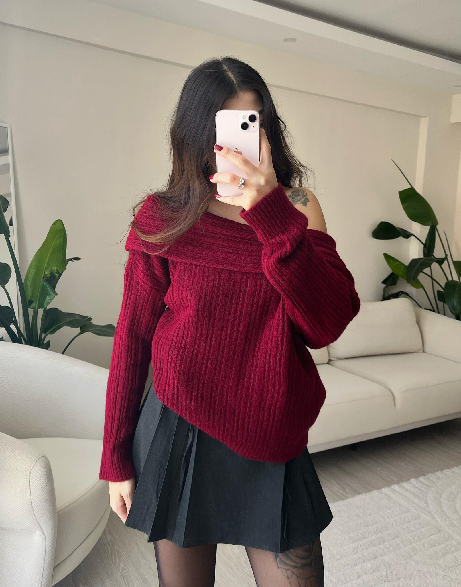 Ashley Kayık Yaka Triko Kazak Bordo